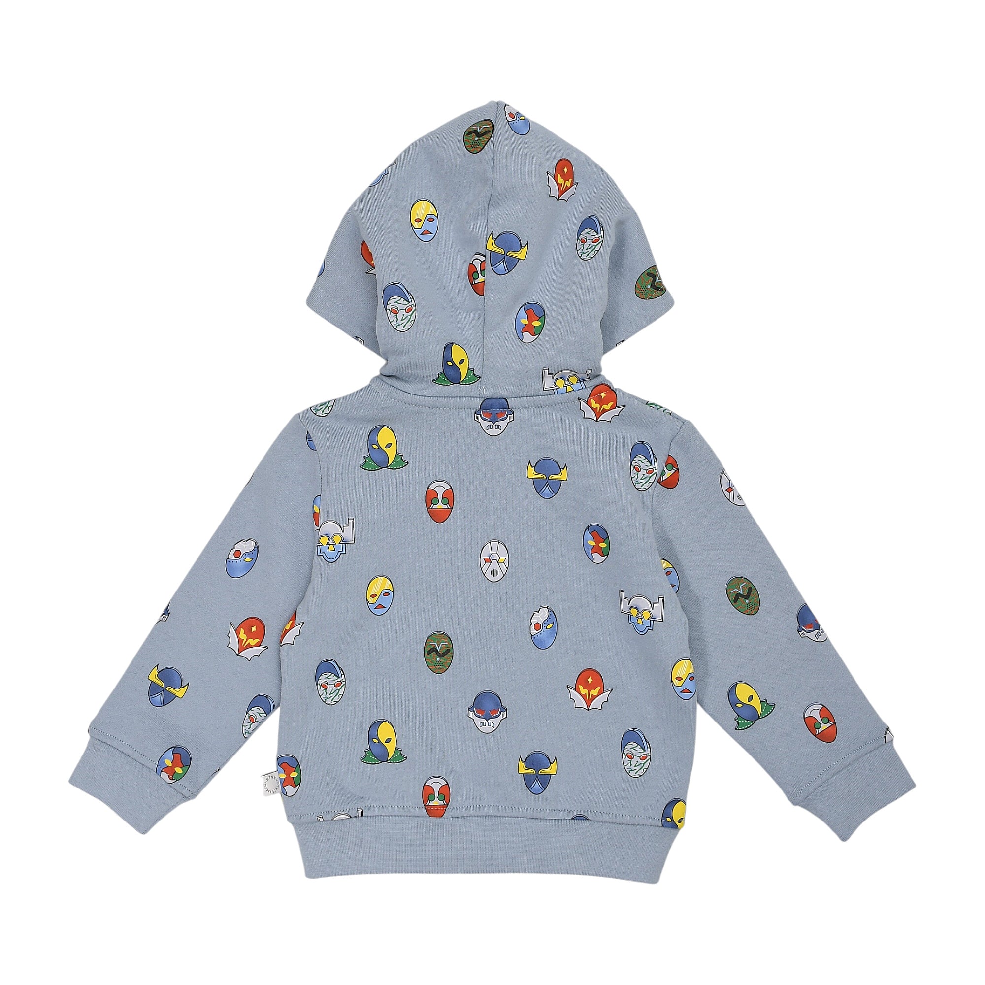 Light blue hooded top with an allover print of colorful cartoon masks. Ribbed cuffs and hem.