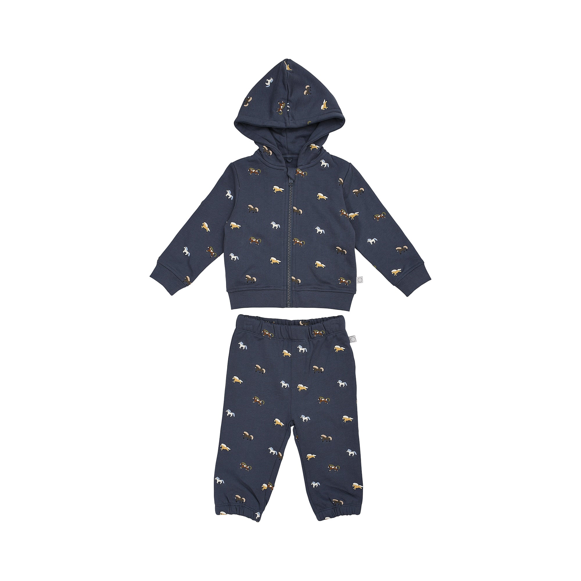 Navy blue hooded jogging suit with full-zip top and matching trousers, both featuring an all-over pattern of small, light bro