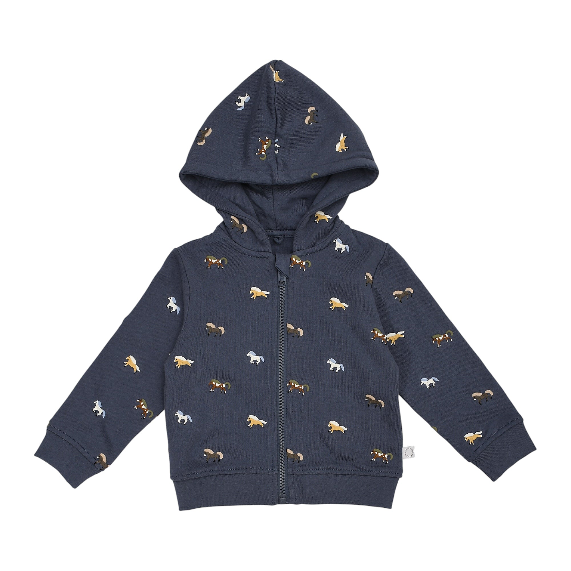 Navy blue hooded full-zip sweatshirt with an all-over print of small white, light brown, and dark brown horses. Ribbed cuffs