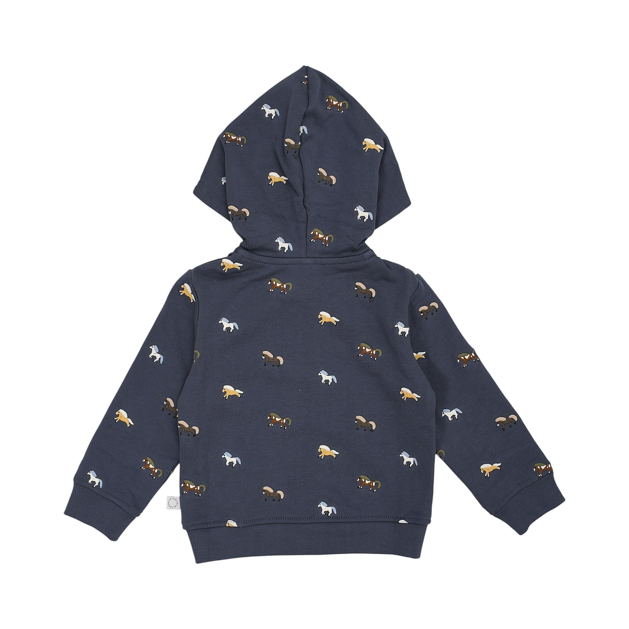 Navy blue hooded top with long sleeves, ribbed cuffs and hem, and an allover print of small colorful horses.