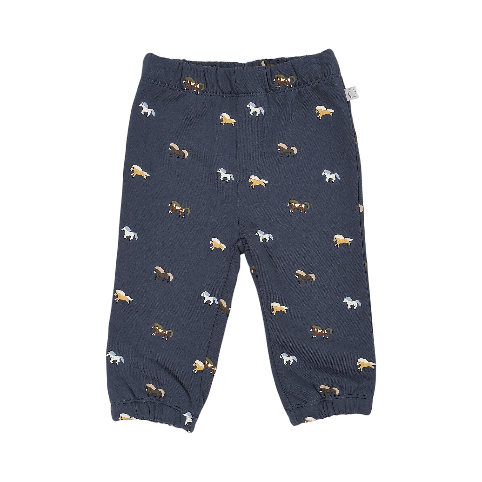 Navy blue fabric jogging pants with an elasticated waist and cuffs, featuring an all-over print of small, colorful cartoon ho