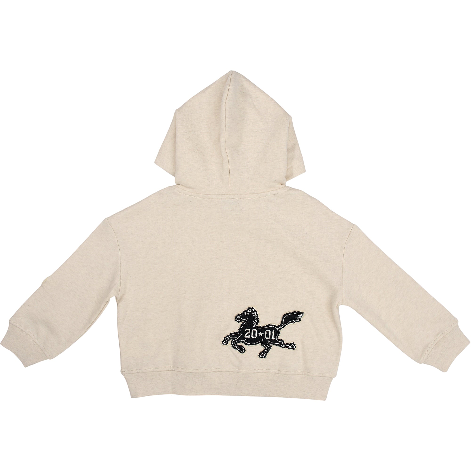 Beige heathered hoodie with a hood and long sleeves. Features a black running horse patch on the back with white '20*01' text