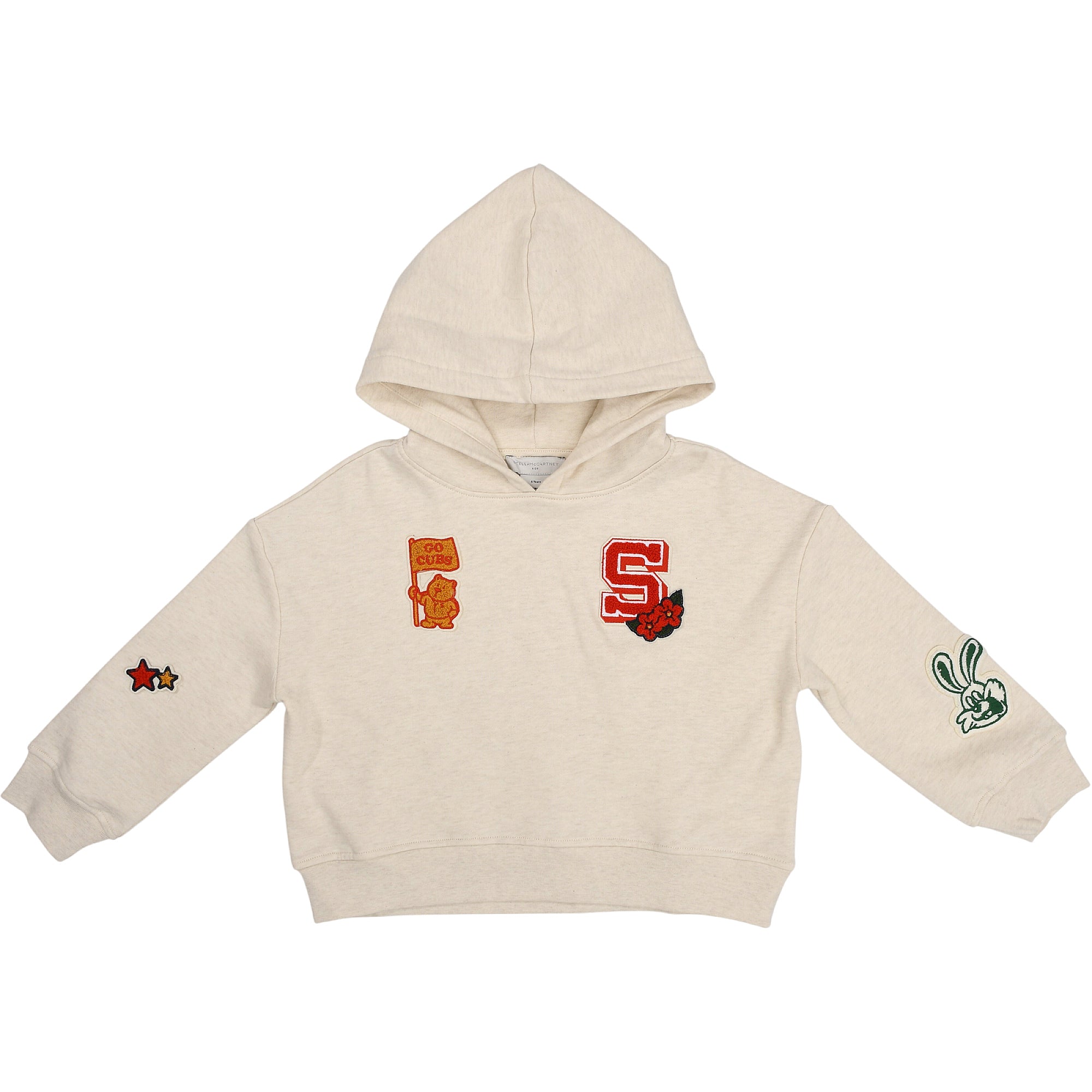 Beige hooded sweatshirt with a bear holding "GO CUBS" flag patch, a red "S" with flowers patch, two stars on the left sleeve,