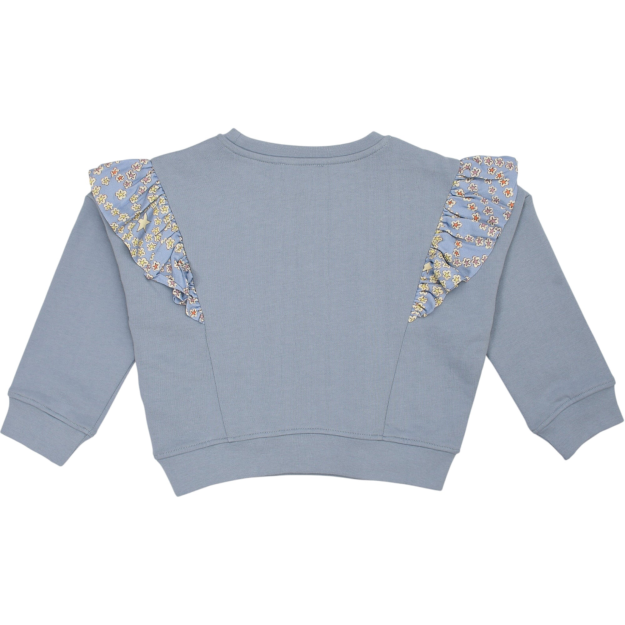 Light blue ribbed sweatshirt with long sleeves and crew neck. Shoulders feature ruffled panels with a small floral and star p