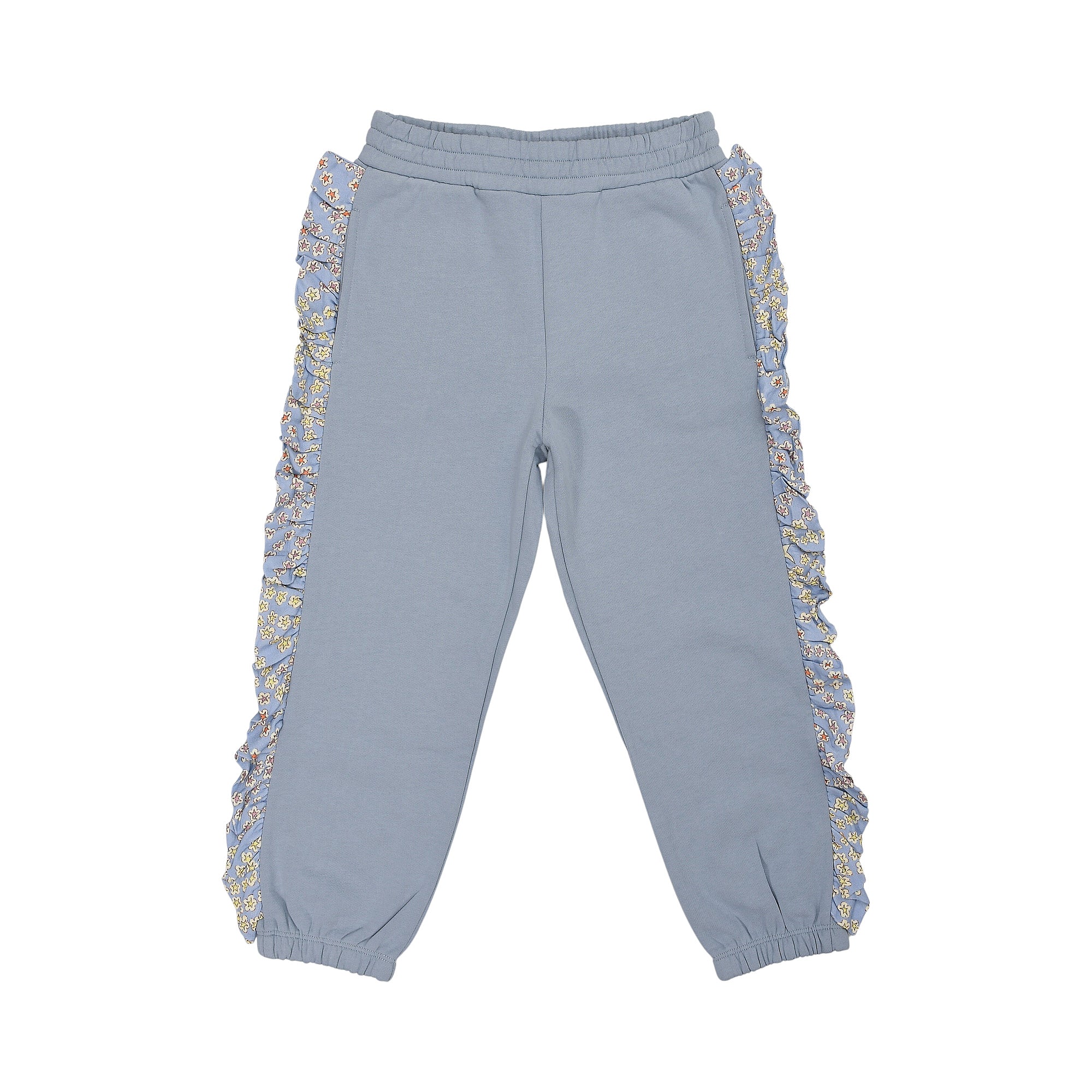 Blue jogging pants with elasticated waist and cuffs. Ruffled side panels feature a light blue floral print.