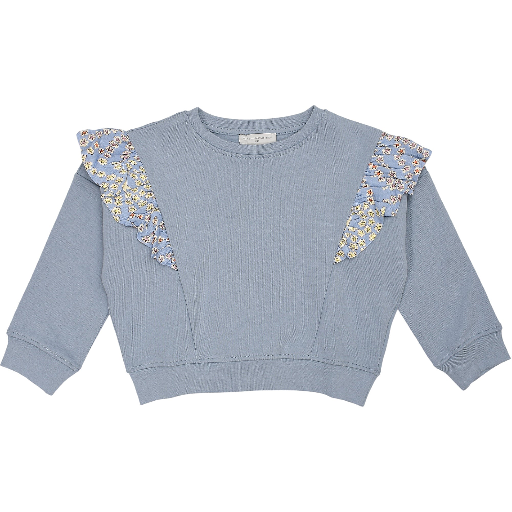 Light blue ribbed sweatshirt with long sleeves, crew neck, and ruffled shoulder trim featuring a light blue floral pattern.