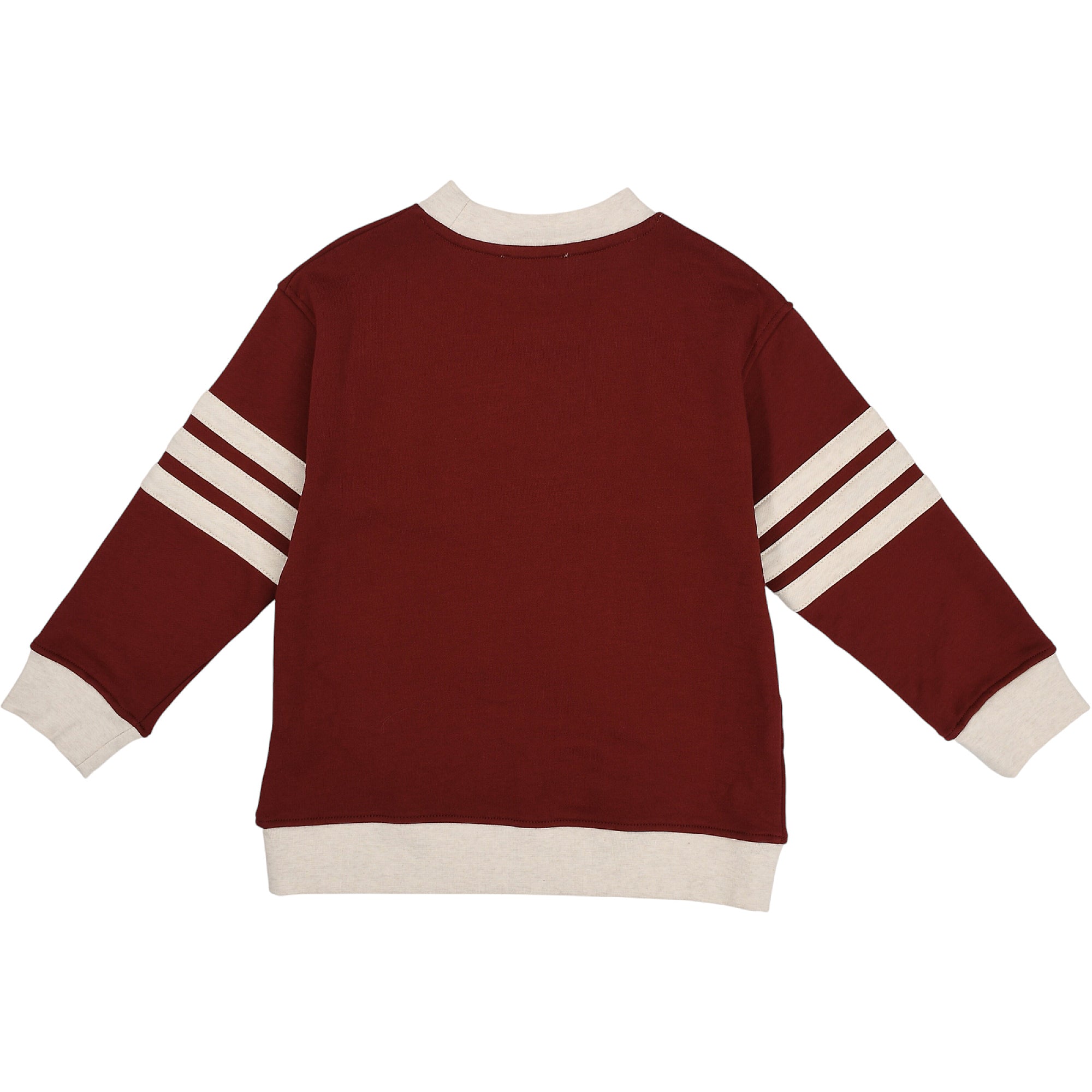Burgundy long-sleeved sweatshirt with light beige ribbed collar, cuffs, and hem. Each sleeve has three light beige stripes.