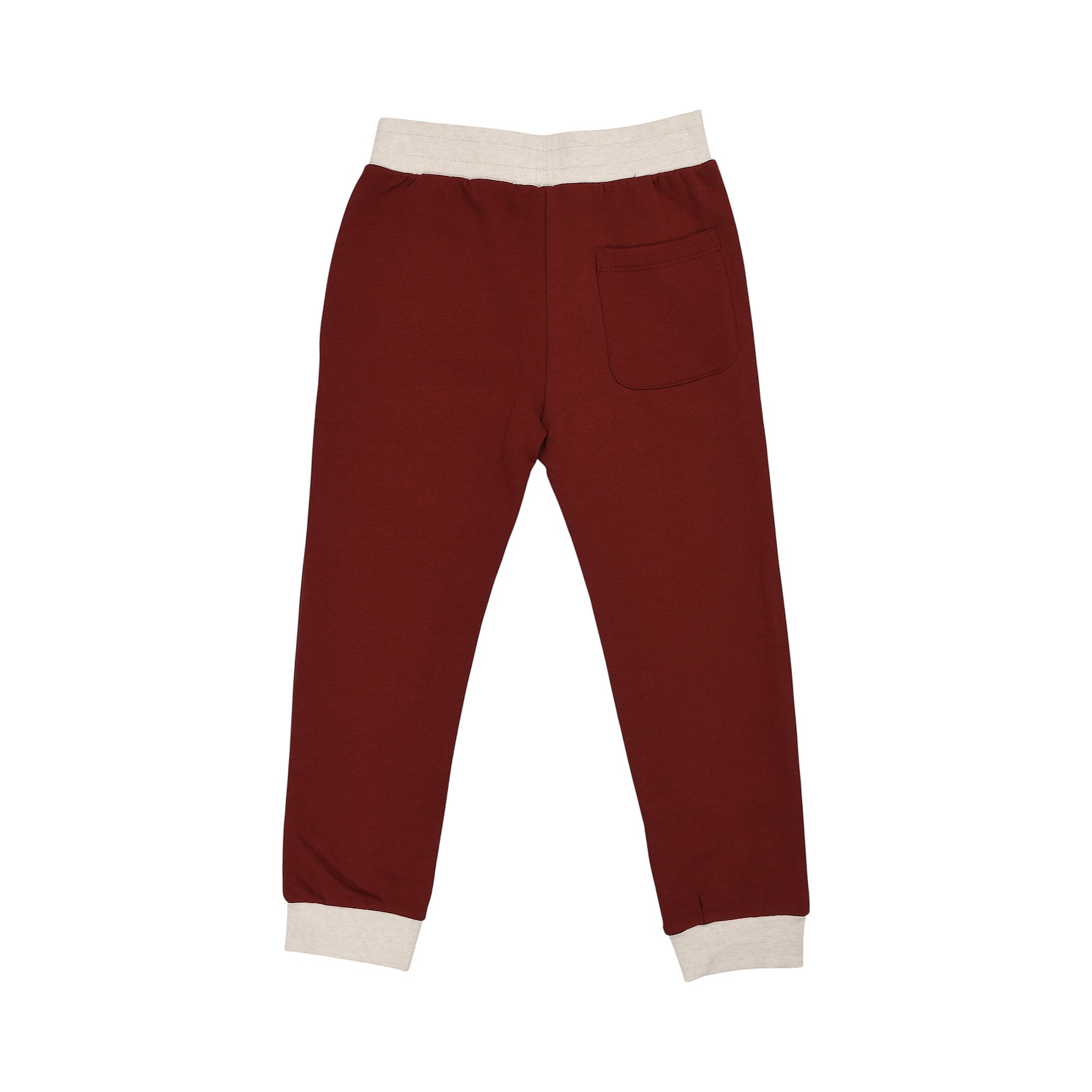 Burgundy jogging pants with a light beige ribbed waistband and cuffs, and a single back patch pocket.