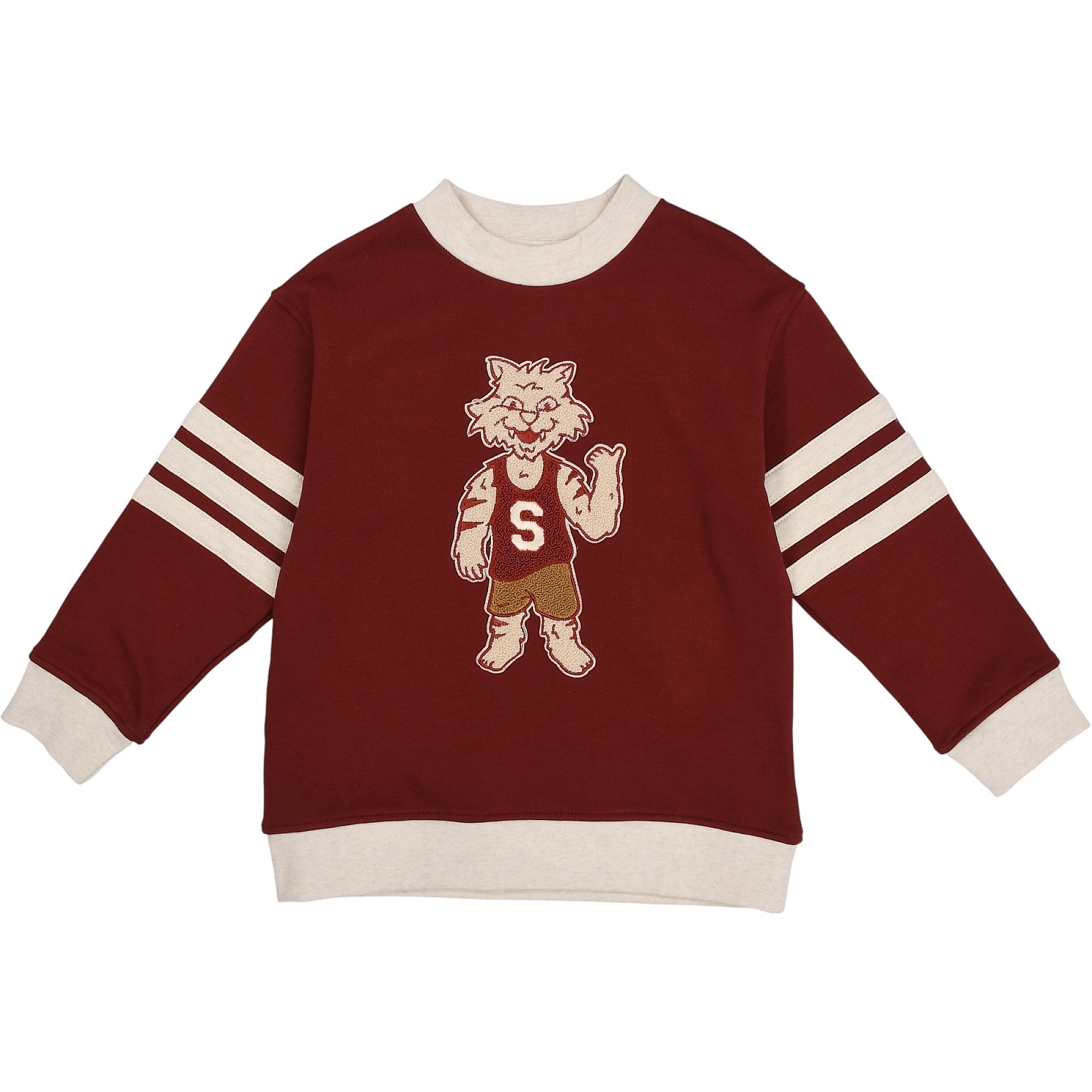 Burgundy sweatshirt with light beige ribbed trim and three sleeve stripes. Front: white cat mascot in burgundy 'S' tank top a