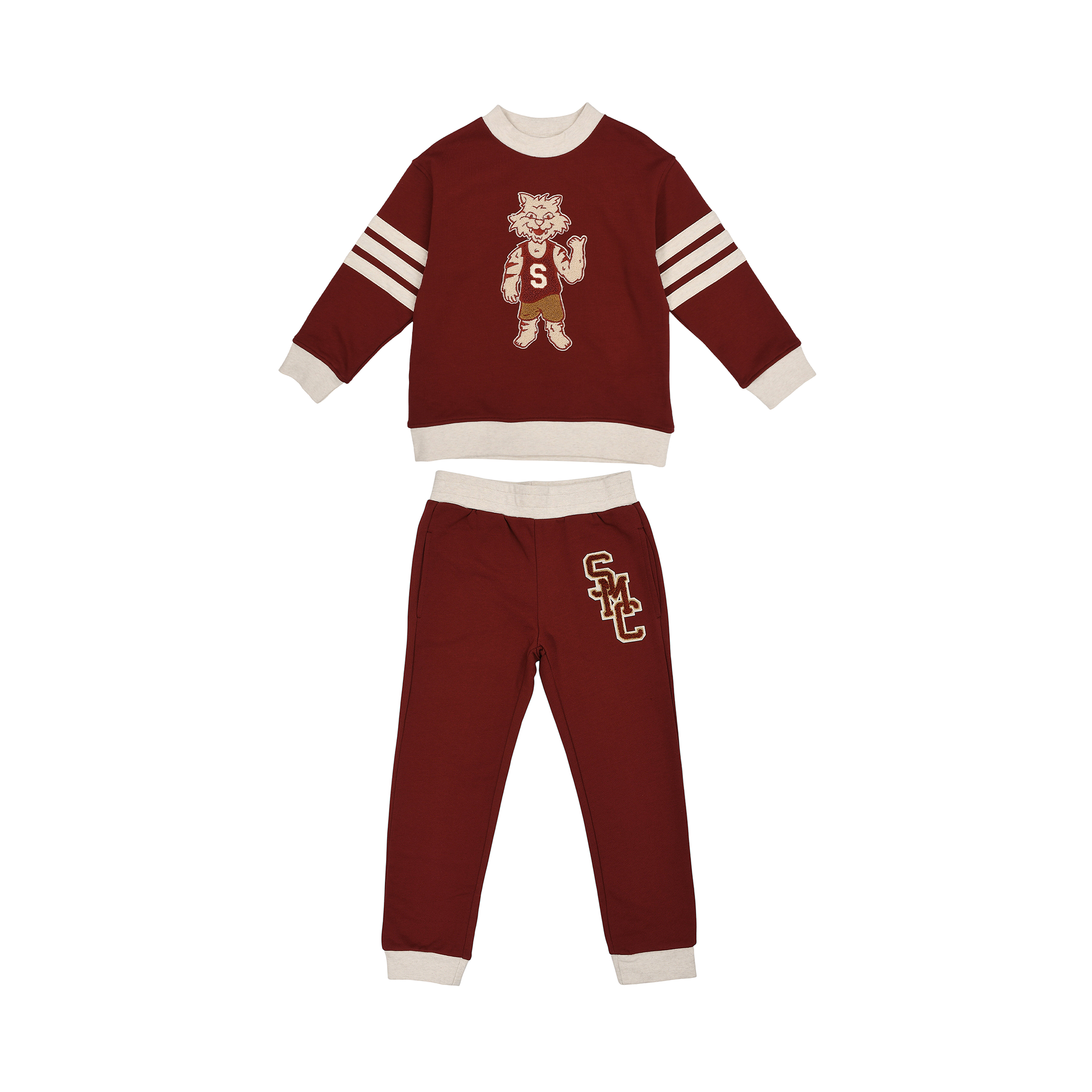 Burgundy Stella Mc Cartney Kids jogging suit with a cartoon animal graphic on the sweatshirt and 'SMC' logo on the trousers.
