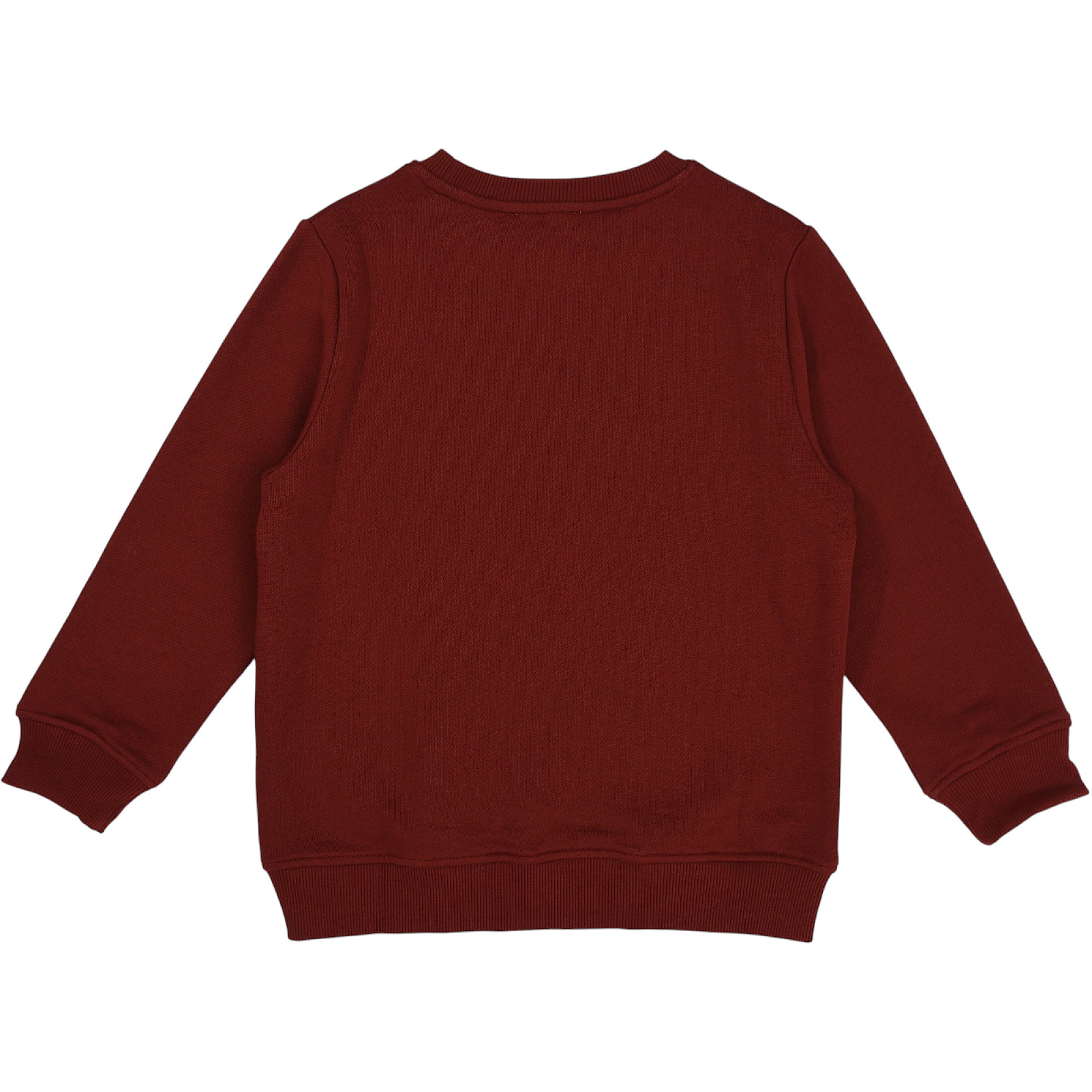 Burgundy long-sleeve sweatshirt, back view. Features ribbed crew neck, cuffs, and hem.