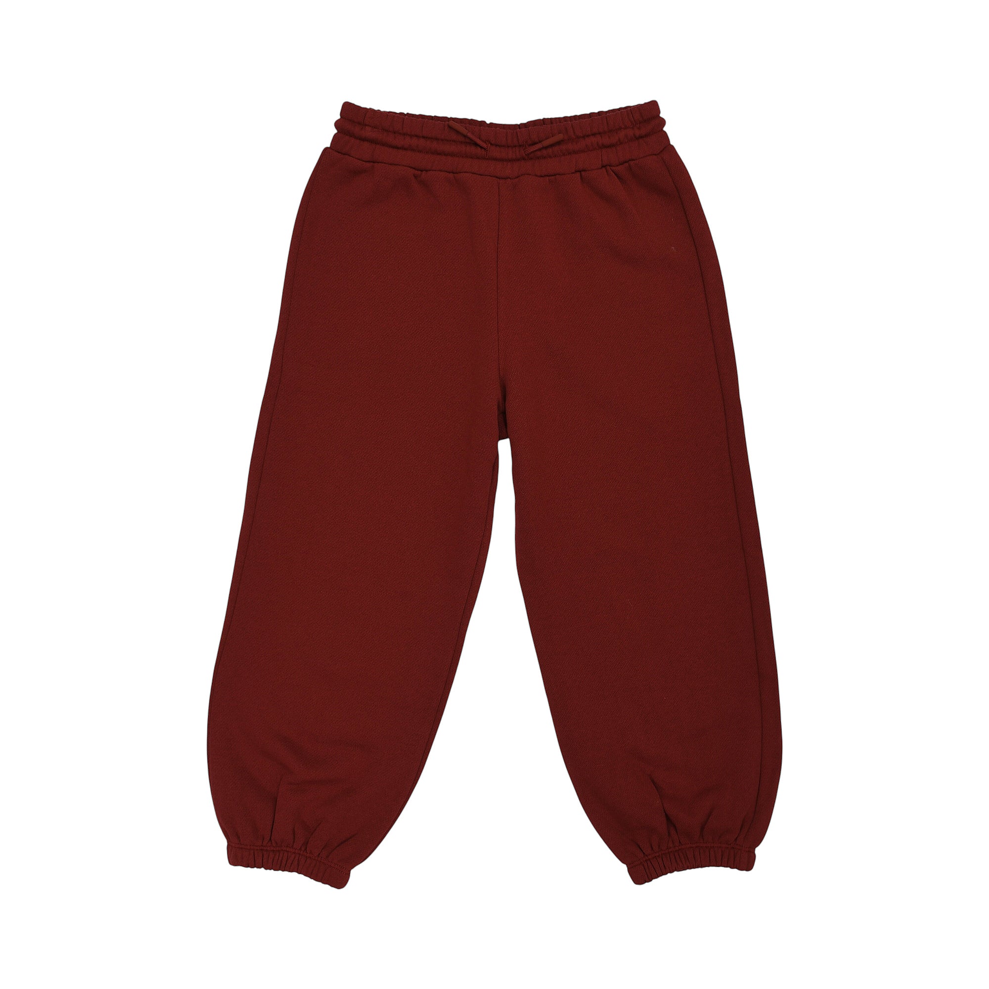 Burgundy soft fabric jogging suit pants with an elasticated drawstring waist and elasticated ankle cuffs.