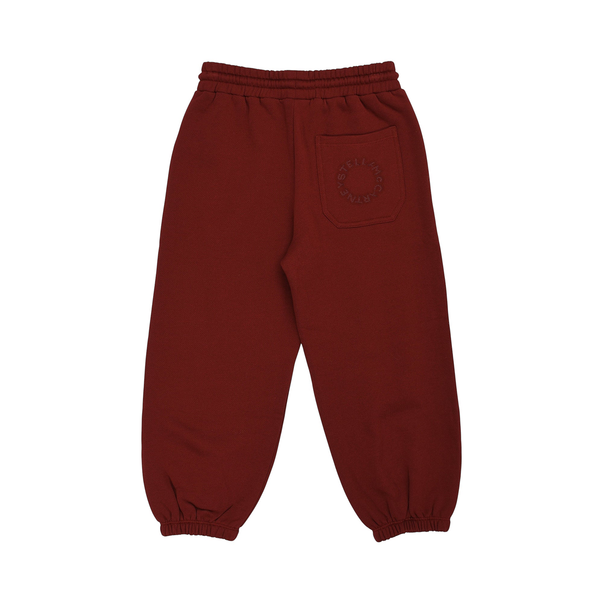 Burgundy sweatpants with elastic waist and cuffs. A back pocket features an embossed circular logo.