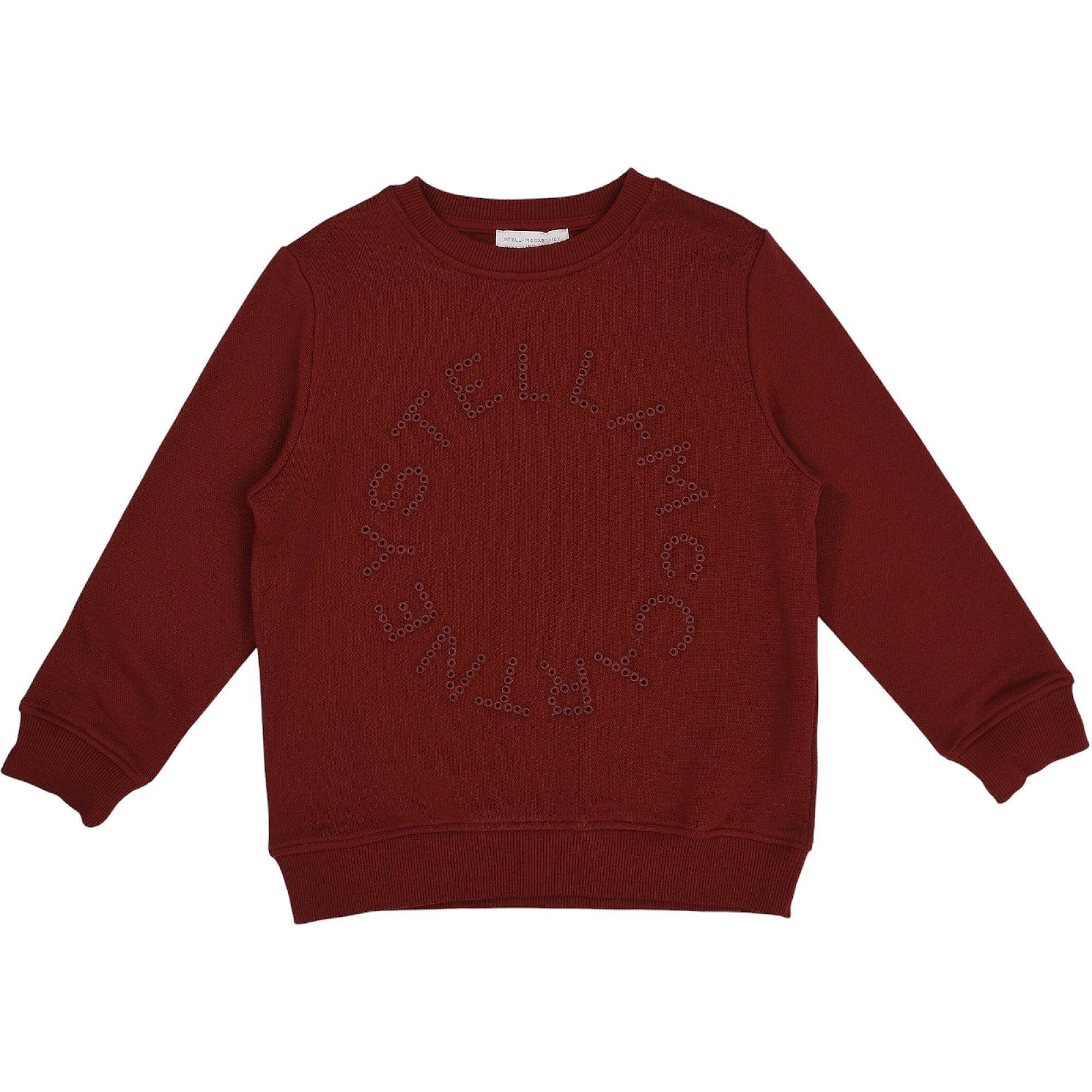 Burgundy crew neck sweatshirt with long sleeves, ribbed cuffs and hem. Front features 'STELLA MCCARTNEY' logo made of small d