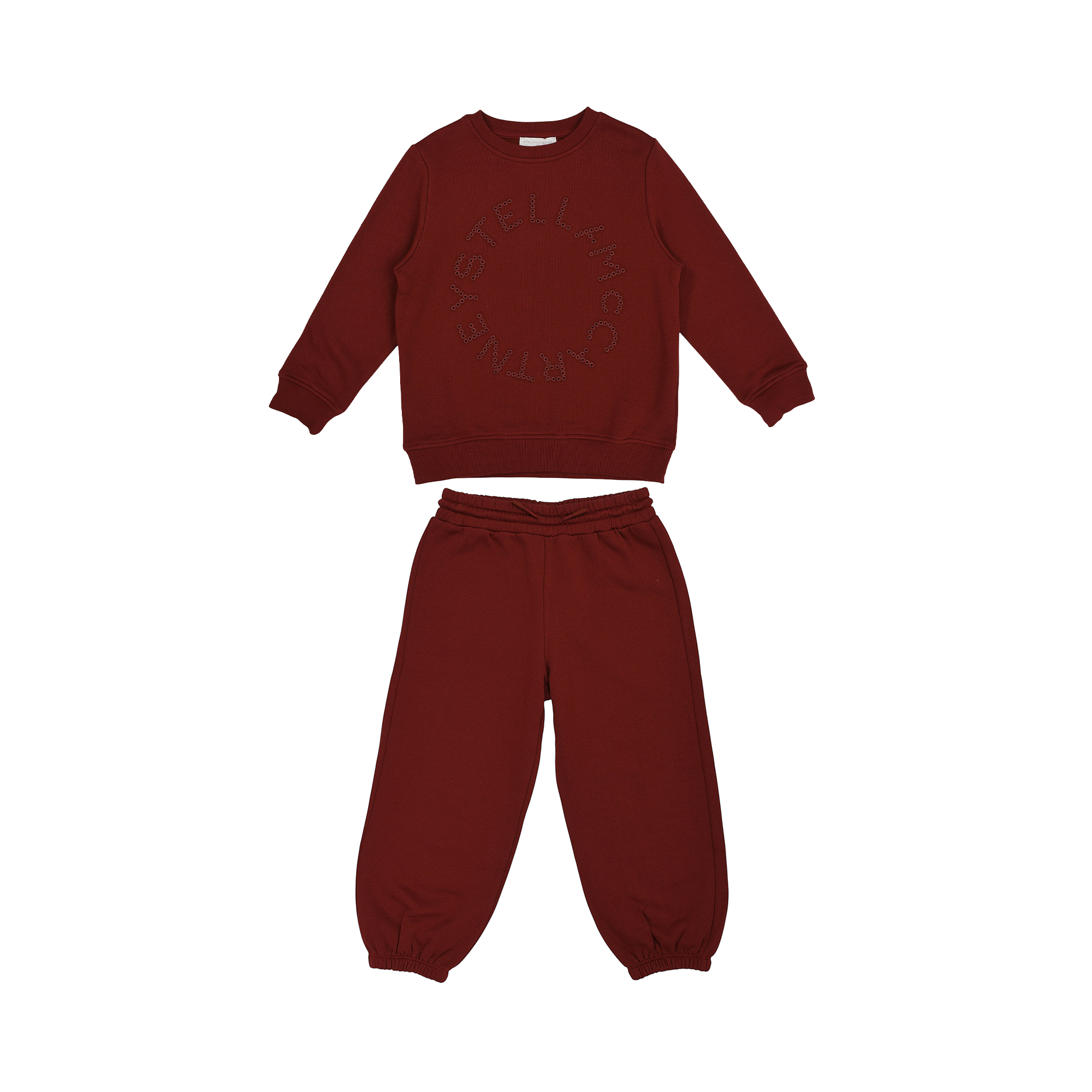Burgundy long-sleeved crew-neck sweatshirt with circular Stella McCartney logo and matching jogging bottoms with elasticated