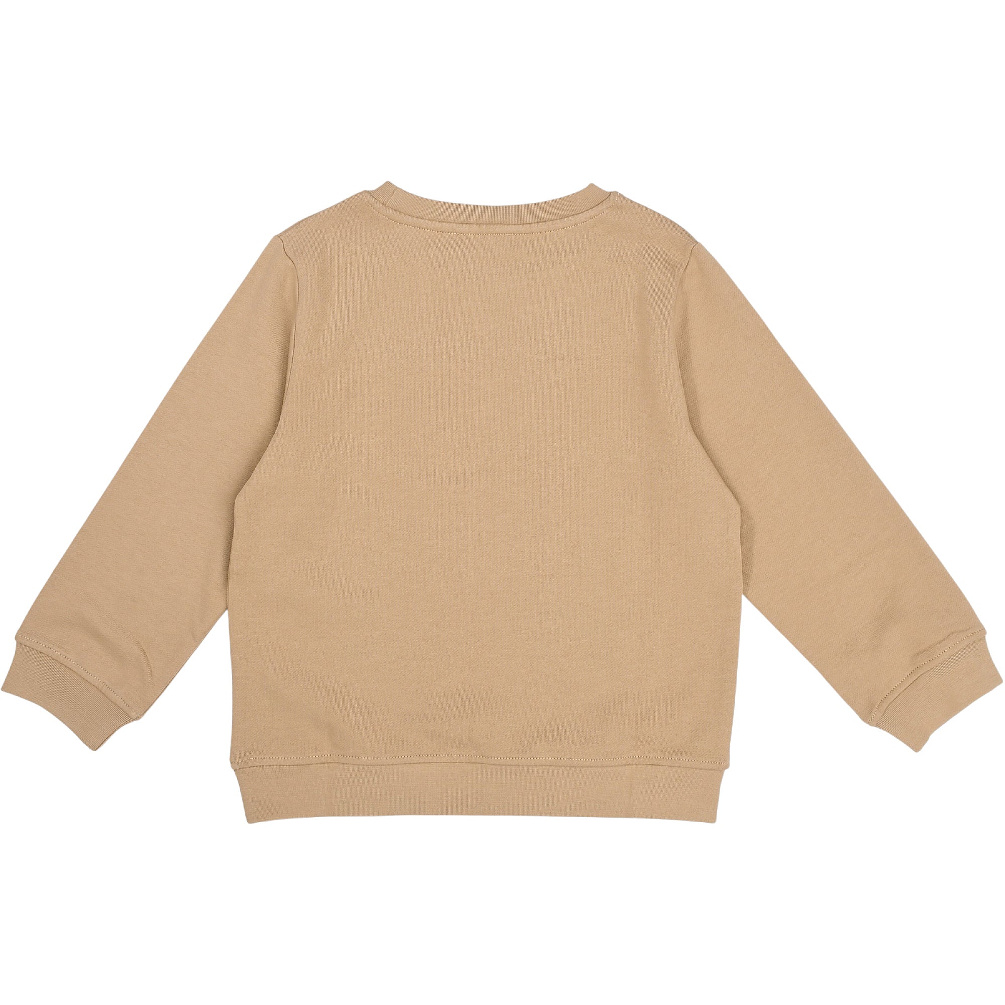 Light brown long-sleeved sweatshirt with a crew neck, ribbed cuffs, and ribbed hem, viewed from the back.