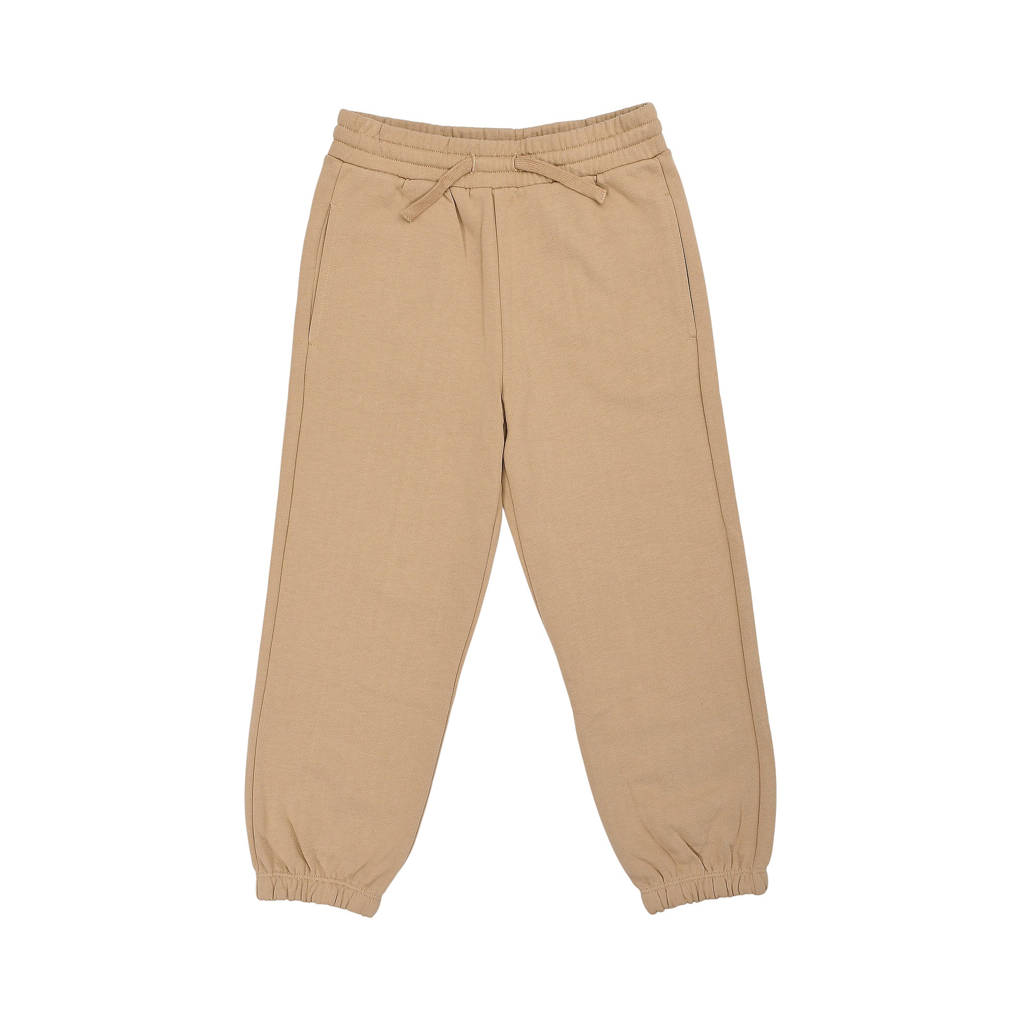 Tan jogging pants with an elastic drawstring waist tied in a bow, side pockets, and elasticated ankle cuffs.