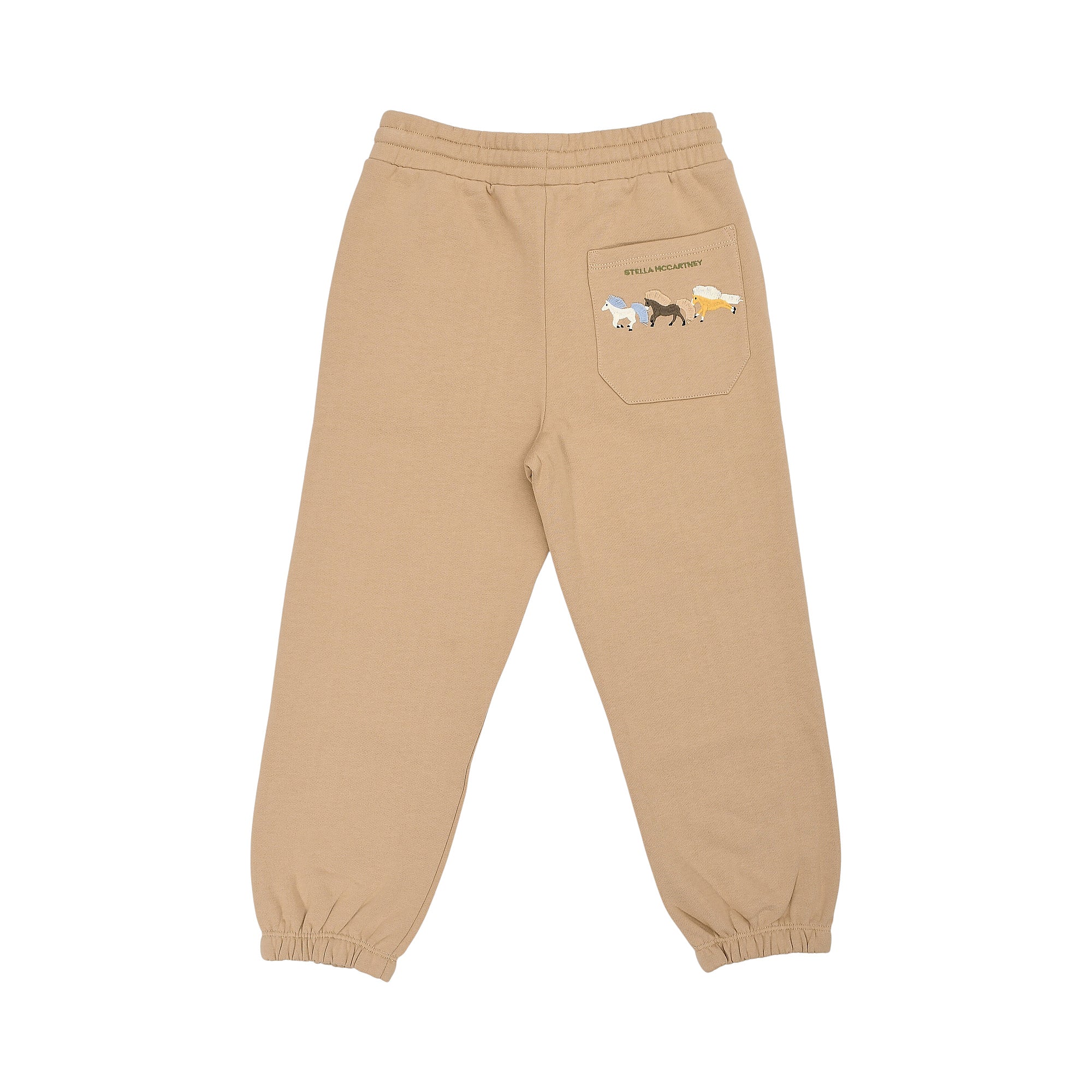 Tan jogging pants with elasticated waist and cuffs. Right rear patch pocket features 'STELLA MCCARTNEY' text and three horse