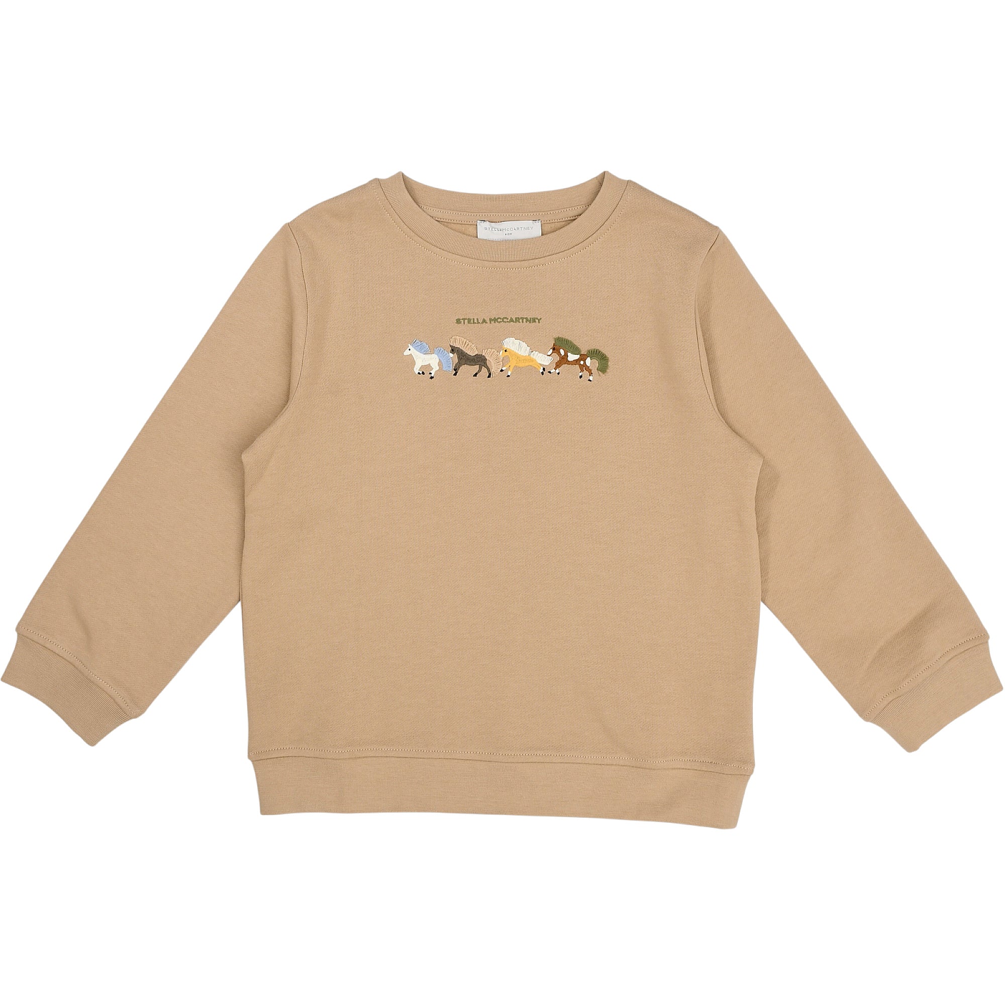 Tan brown crewneck sweatshirt with ribbed cuffs and hem, featuring 'STELLA MCCARTNEY' text and five embroidered horses on the
