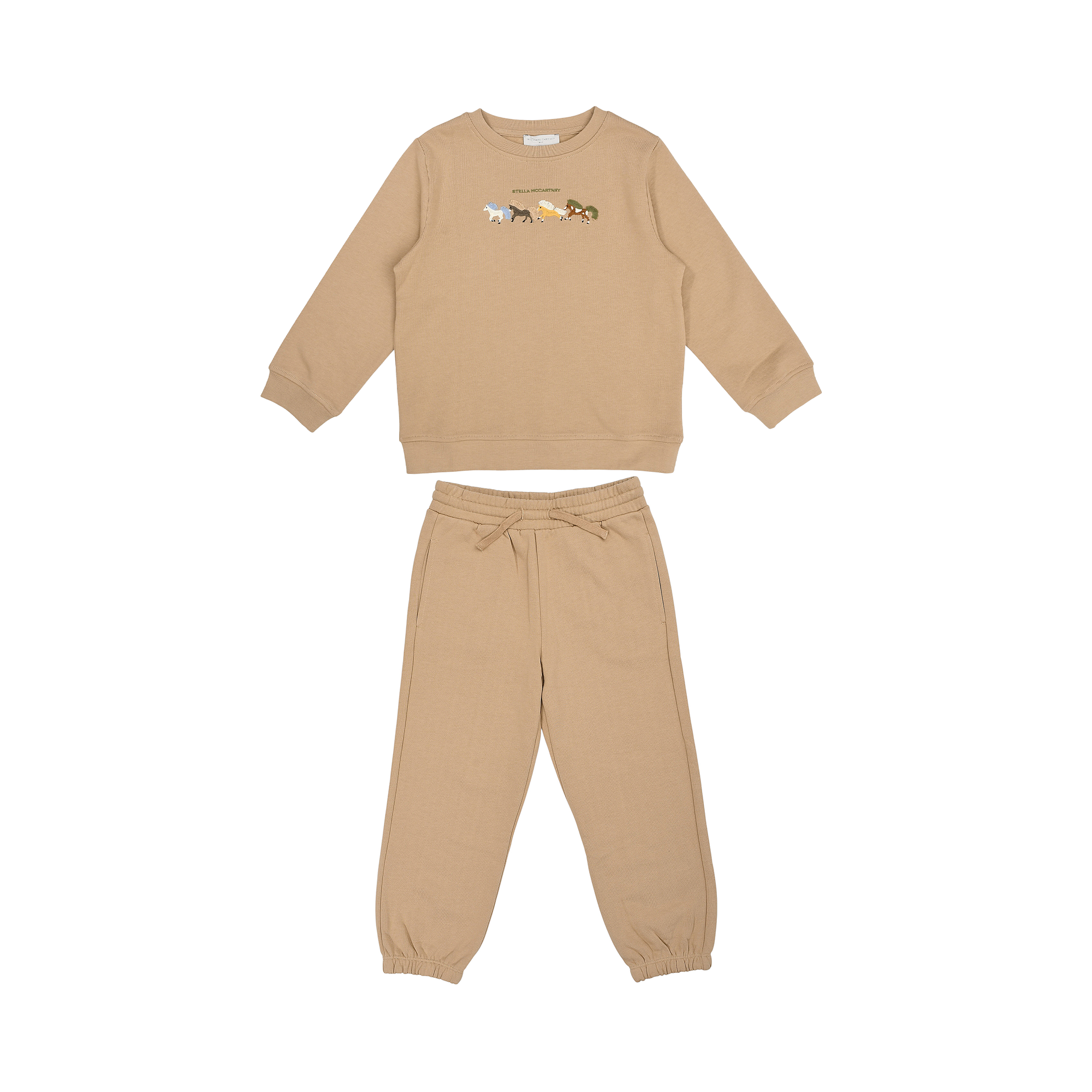 Brown Stella McCartney Kids jogging suit. Sweatshirt with colourful animal graphics. Matching jogging bottoms with drawstring