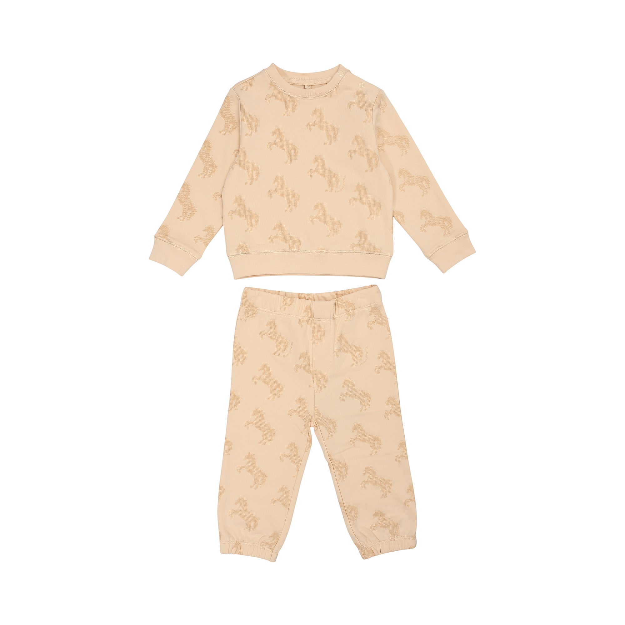 Ivory baby girl jogging suit with long-sleeved crew-neck top and trousers, featuring an all-over horse pattern.