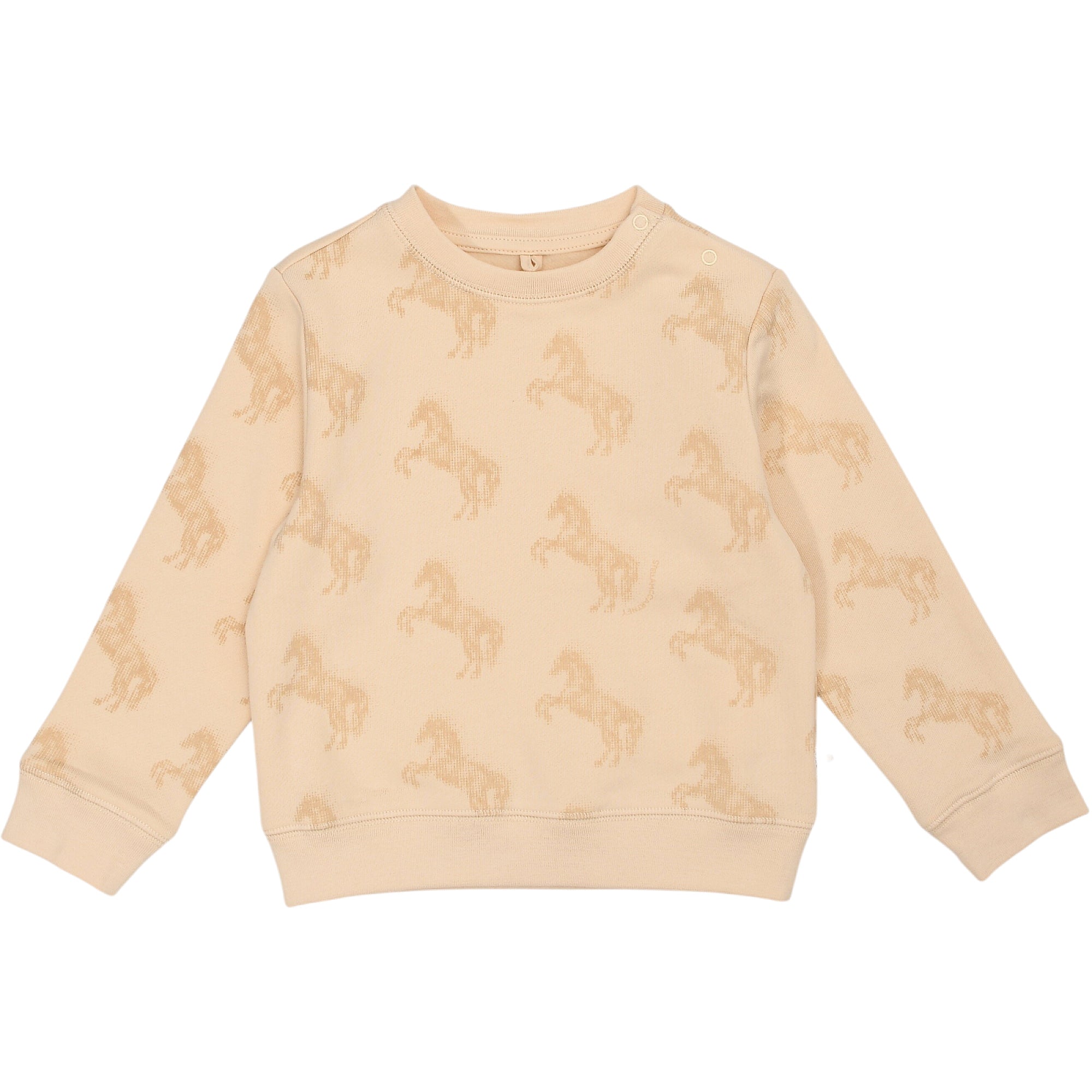Ivory sweatshirt with a round neck, two gold-toned snap buttons on the left shoulder, and an allover light brown horse patter