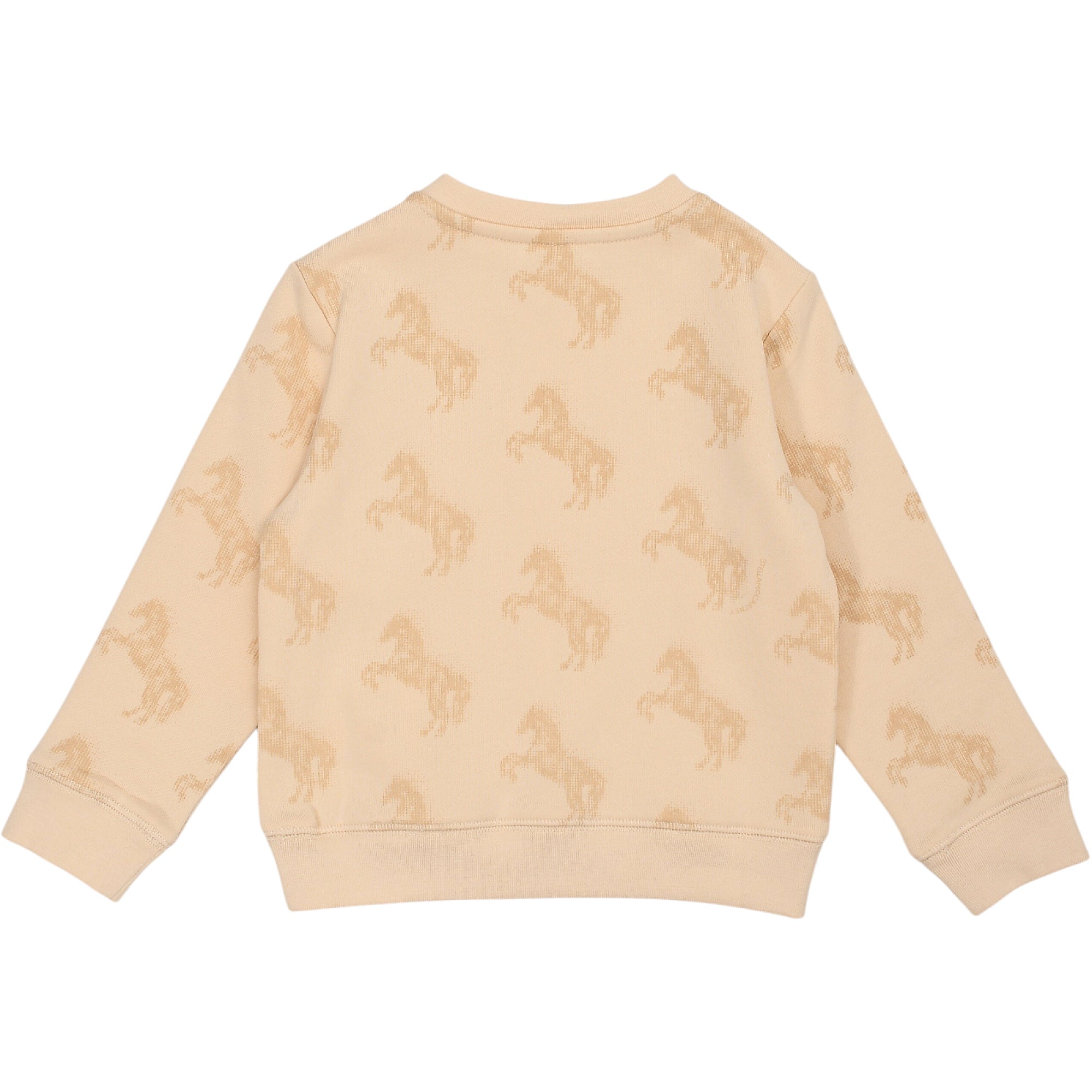 Ivory long-sleeved sweatshirt with ribbed cuffs and hem, featuring an all-over light brown horse pattern.