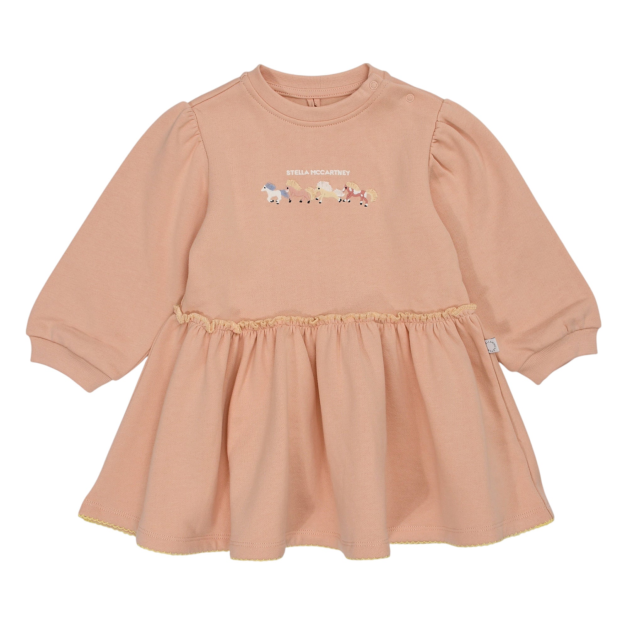 Pink long-sleeved baby dress with a round neck, puff sleeves, gathered skirt, and embroidered animal motif on the bodice.