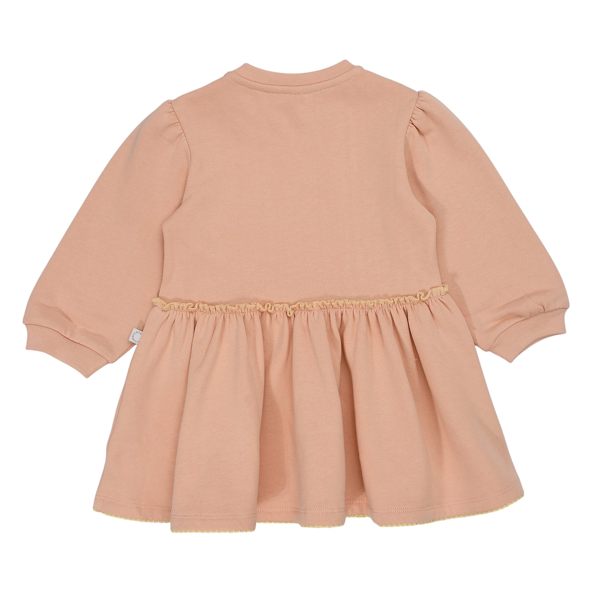 Pink long-sleeved dress with puffed shoulders, ribbed cuffs, a gathered waist, and gold-toned trim at the waist ruffle and he
