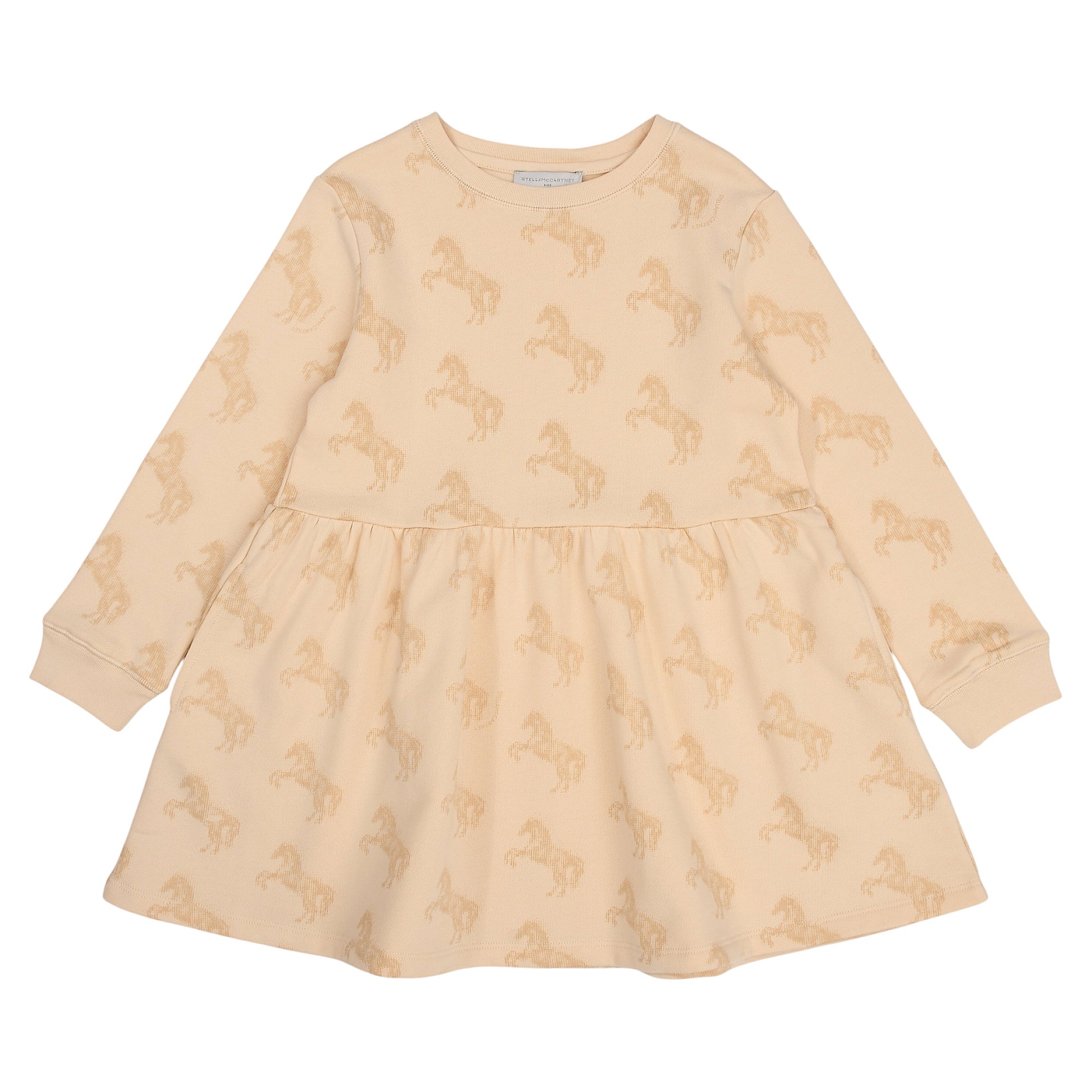 Stella Mc Cartney Kids long-sleeved dropped waist dress in ivory with an all-over horse pattern and ribbed cuffs.