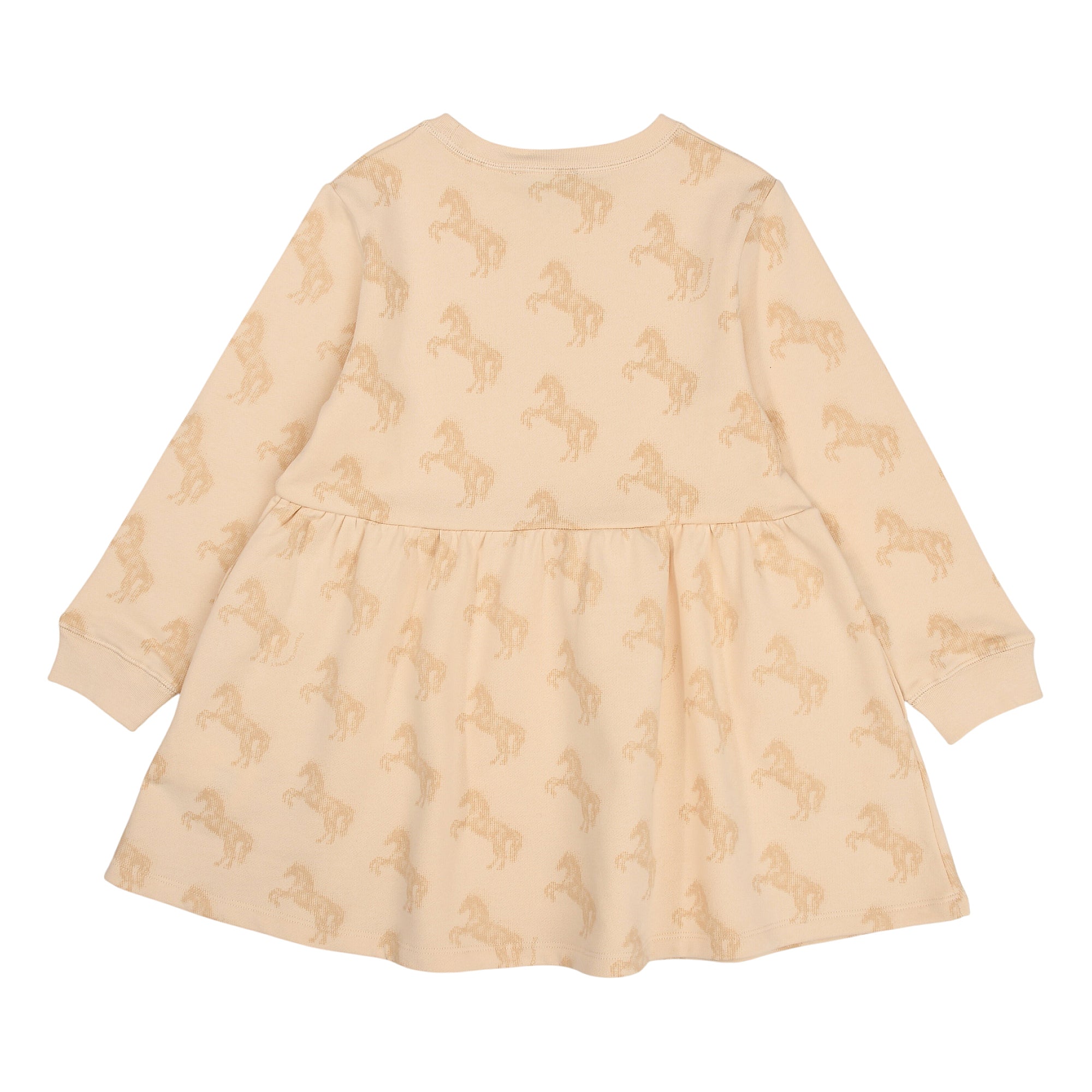 Ivory long-sleeve dress with a round neck, gathered waist, and an all-over light brown horse pattern. Ribbed cuffs and neck.