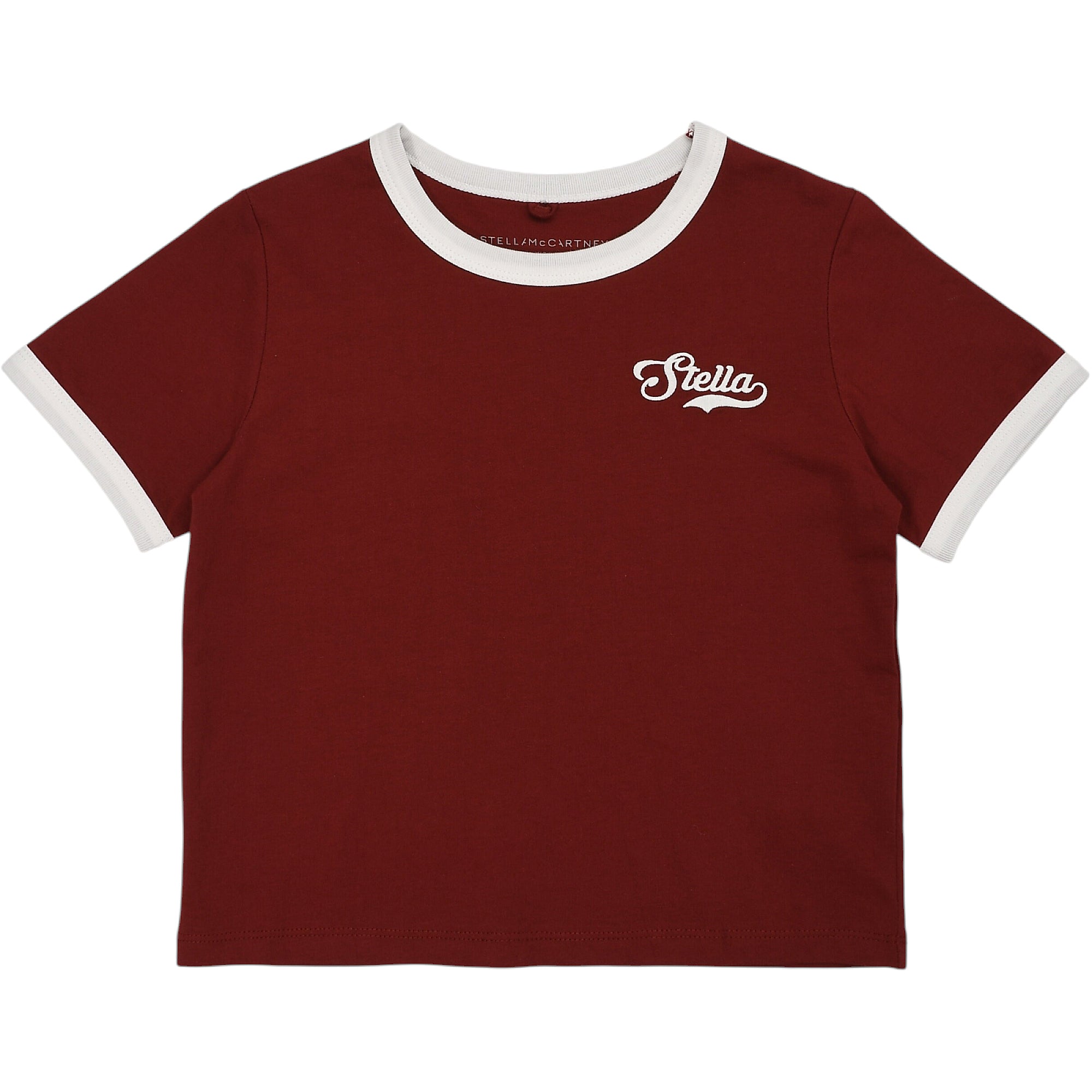 Burgundy short-sleeved ringer T-shirt with white trim and a white script 'Stella' logo on the chest.
