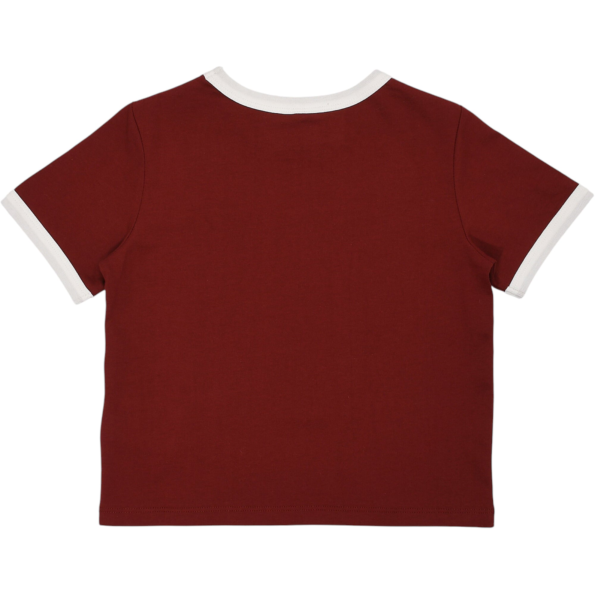 Burgundy ringer t-shirt with a white ribbed crew neck and white ribbed short sleeve trim. Back view.