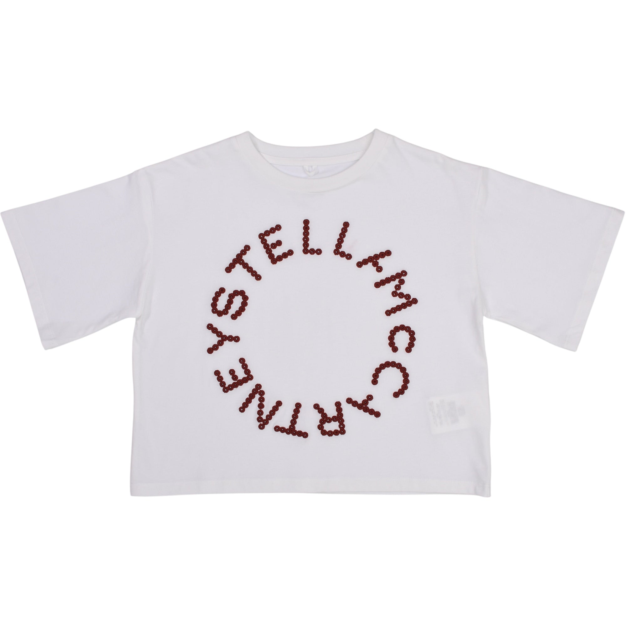 White relaxed-fit T-shirt with short sleeves and a circular 'Stella McCartney' logo made of small reddish-brown beads.