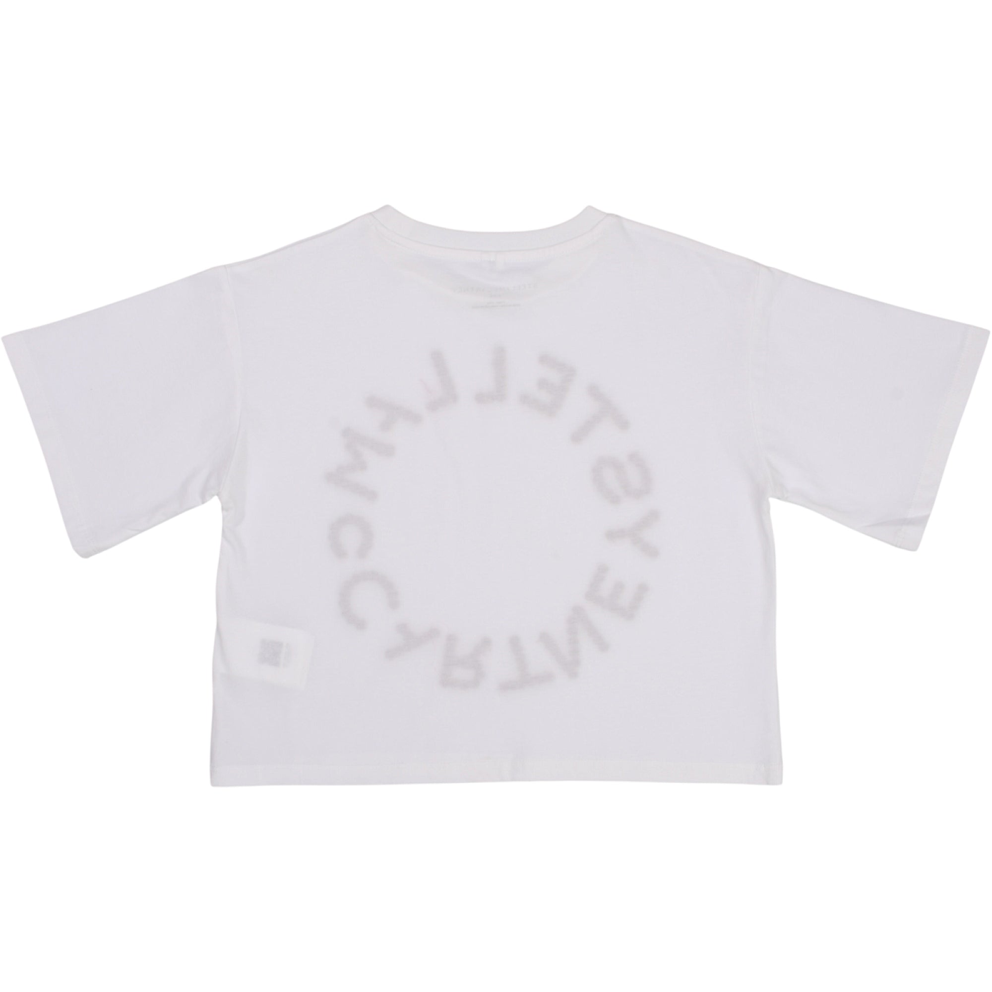 White short-sleeve cropped t-shirt with a light grey, reversed circular text design on the back.