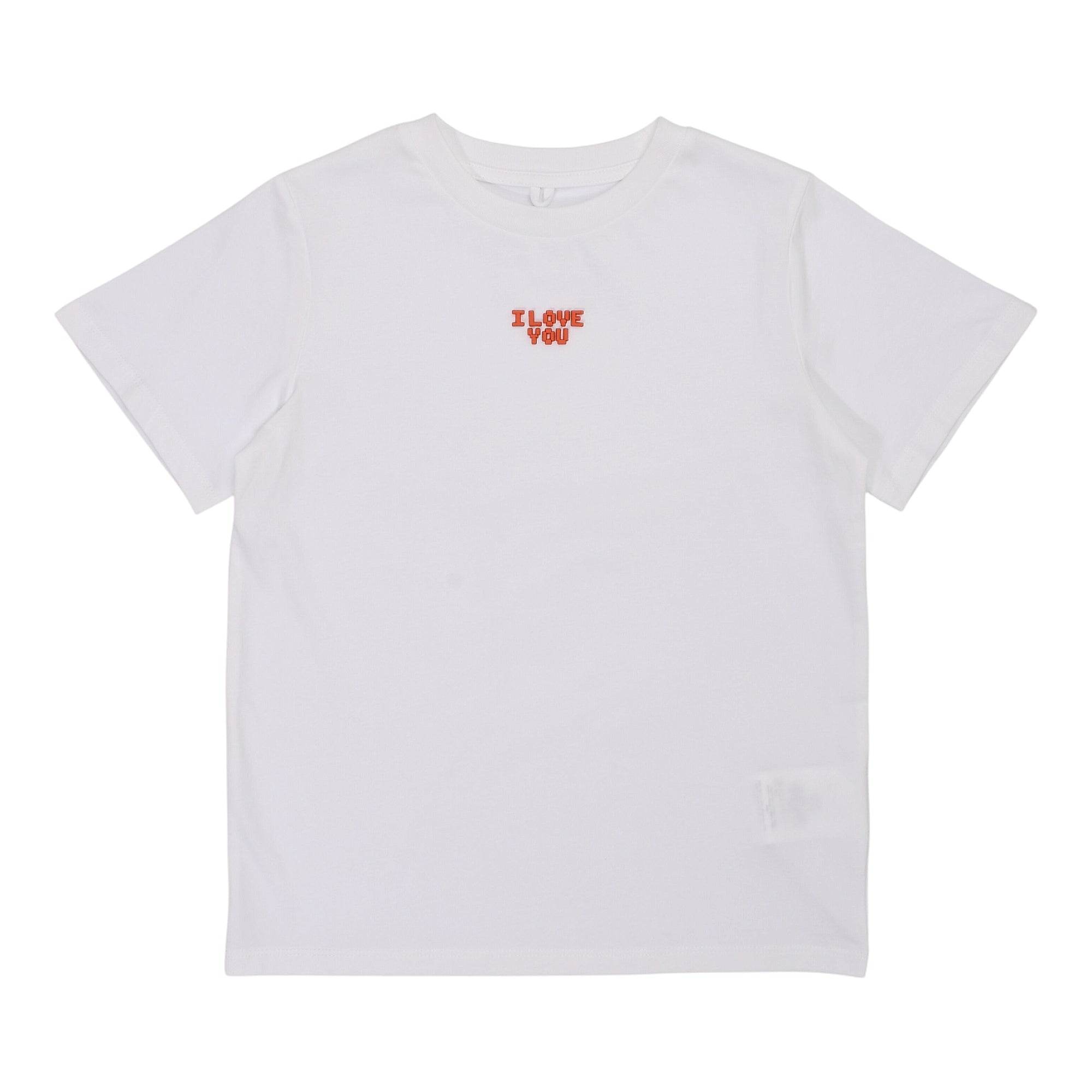 White short-sleeved T-shirt with a crew neck and "I LOVE YOU" text in red on the chest.