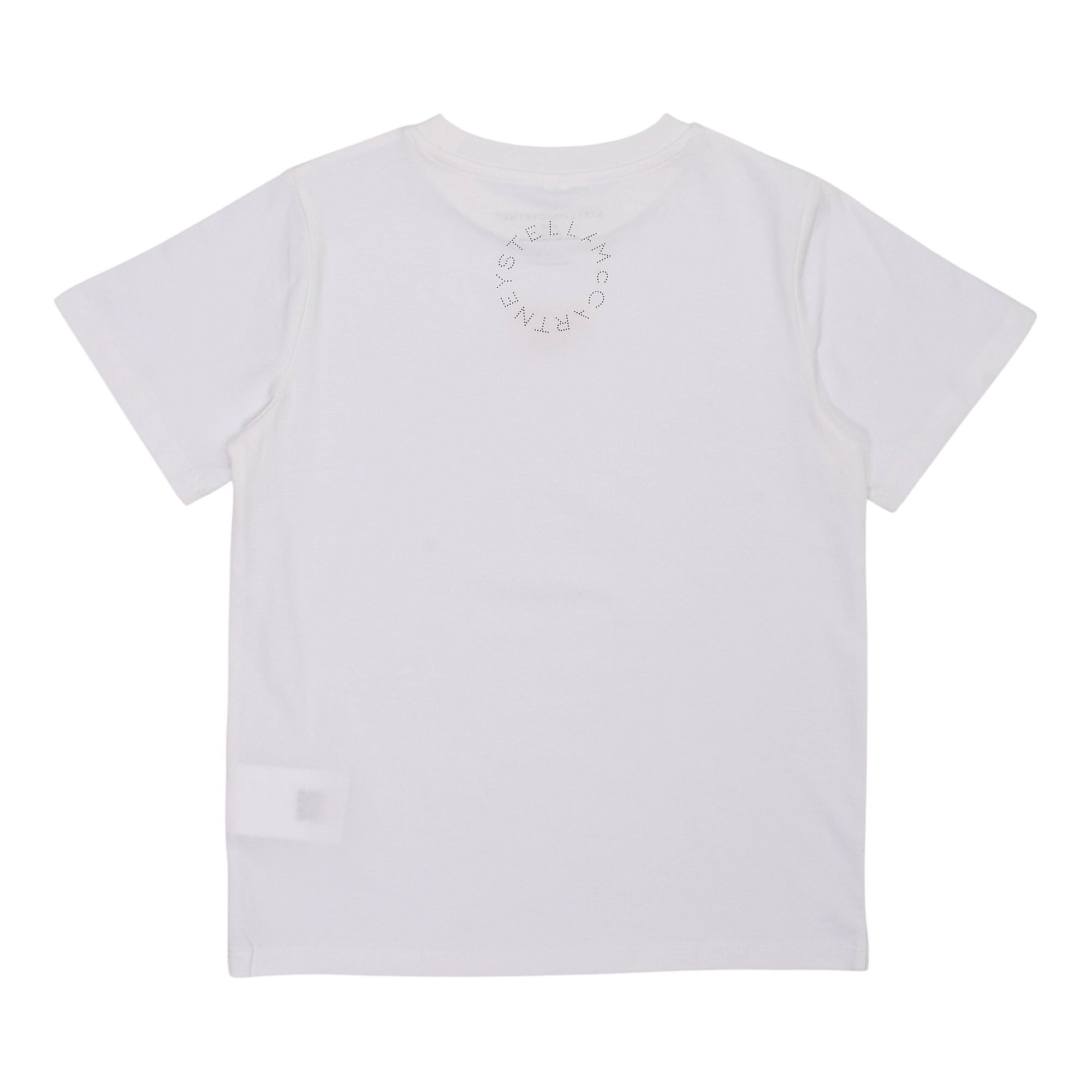 White short-sleeve crew neck t-shirt with a dotted circular 'STELLA MCCARTNEY' logo on the upper back.