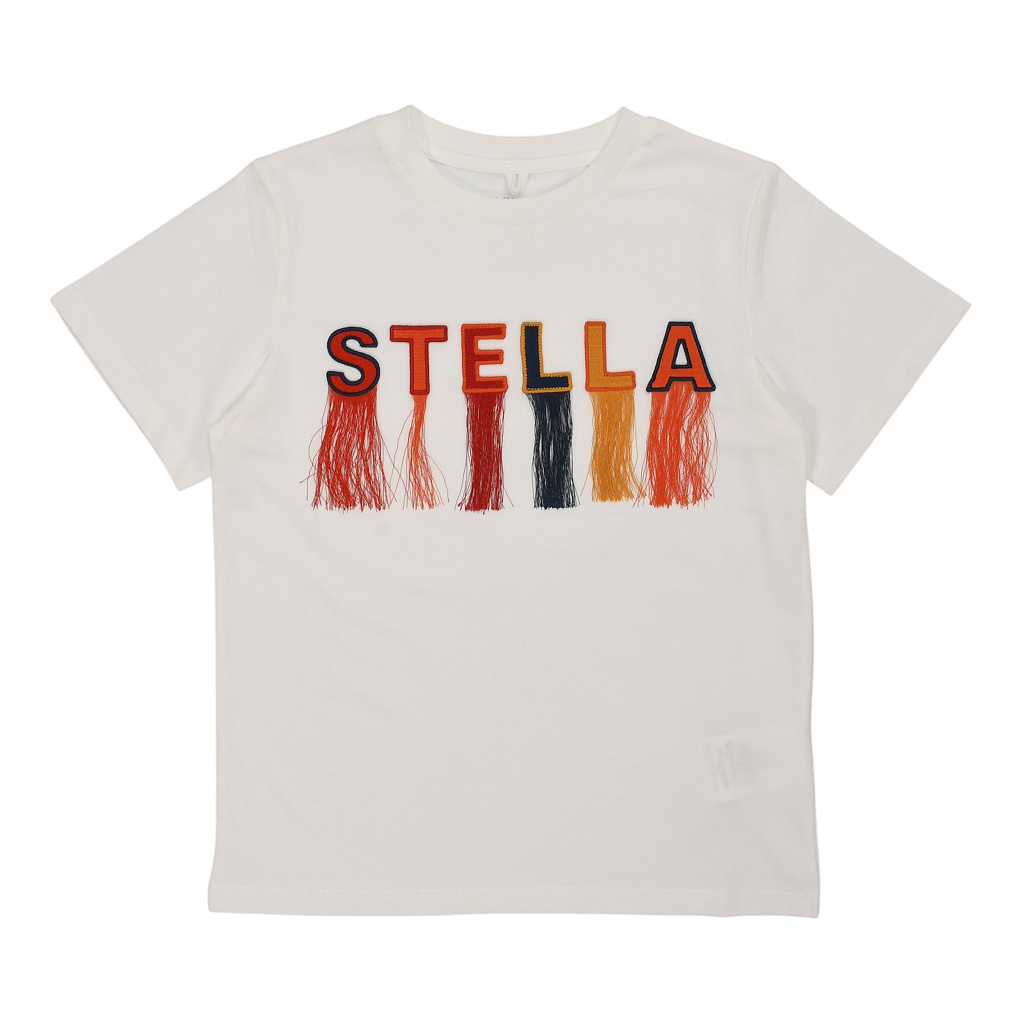 Ivory short-sleeved T-shirt with a round neck and "STELLA" appliqué letters, each with colourful fringe.
