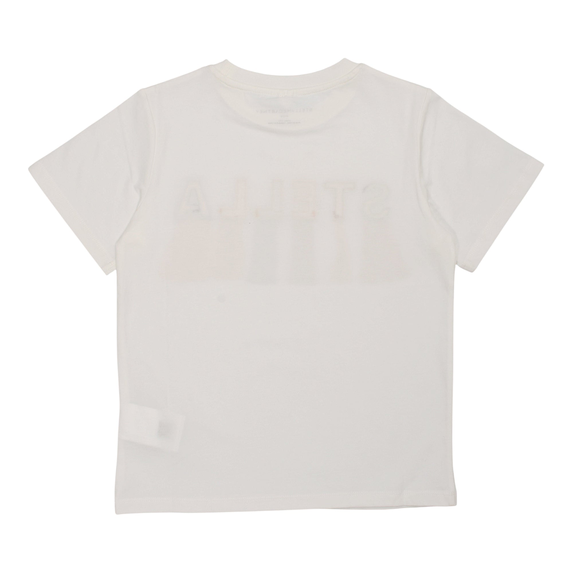 Ivory short-sleeve crew neck t-shirt with a faint, light-colored 'STELLA' print visible on the upper back.