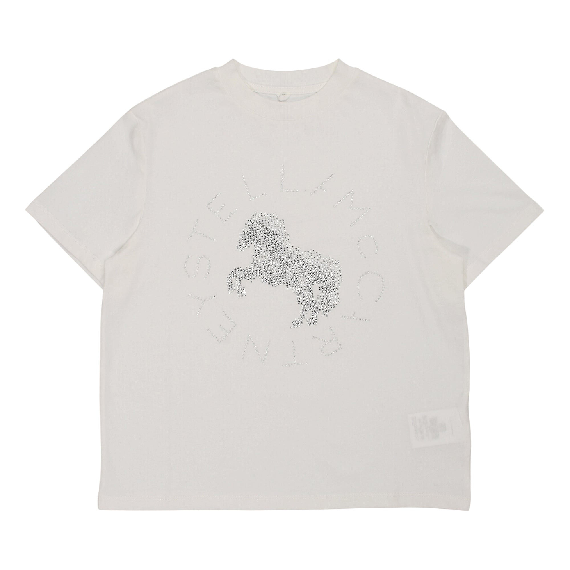 White short-sleeved T-shirt with crew neck and large circular logo on front, featuring a horse motif in silver-toned embellis