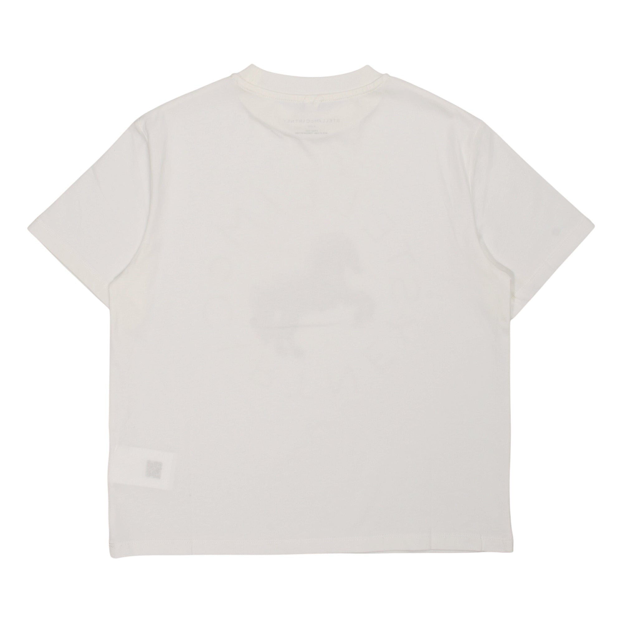 White short-sleeved t-shirt, back view, with a faint dark graphic on the upper back and a small square label on the lower lef