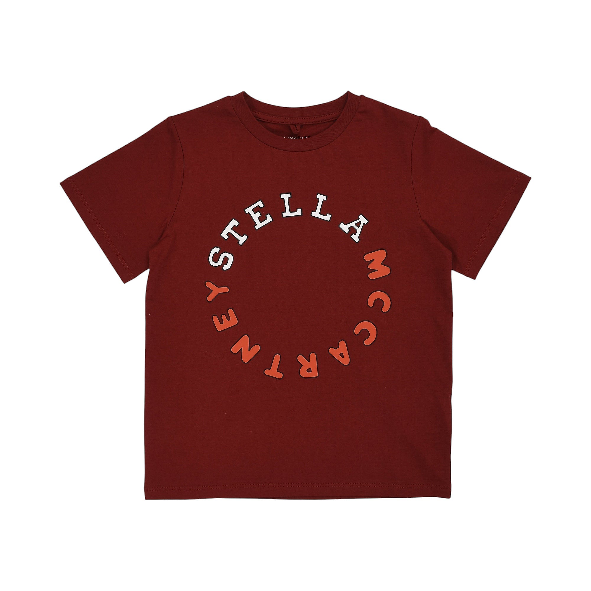 Burgundy short-sleeved kids' T-shirt with a white and orange circular "Stella McCartney" logo on the front.
