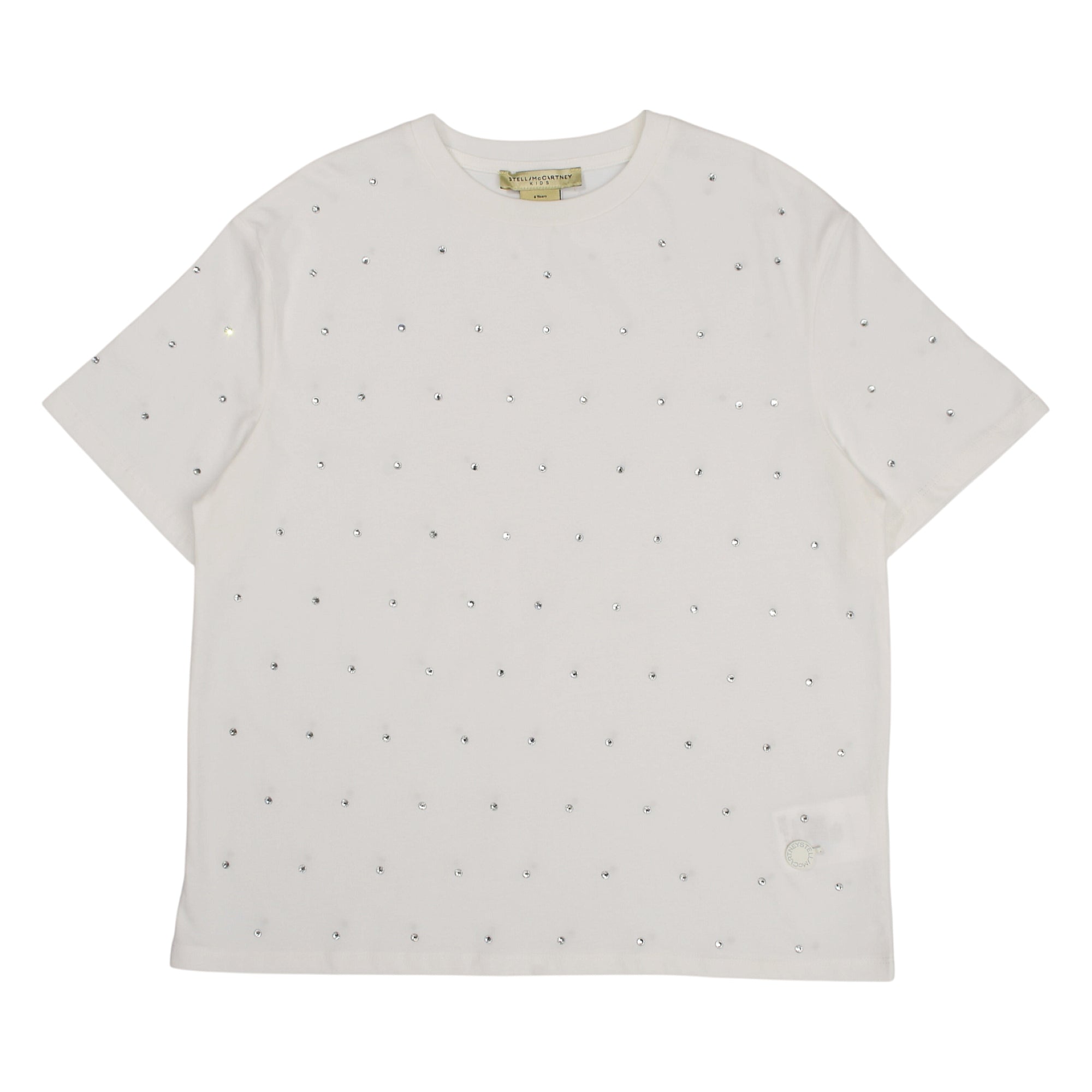 White short-sleeved T-shirt with a crew neck, all-over silver-toned stud embellishment, and an embroidered circular motif.