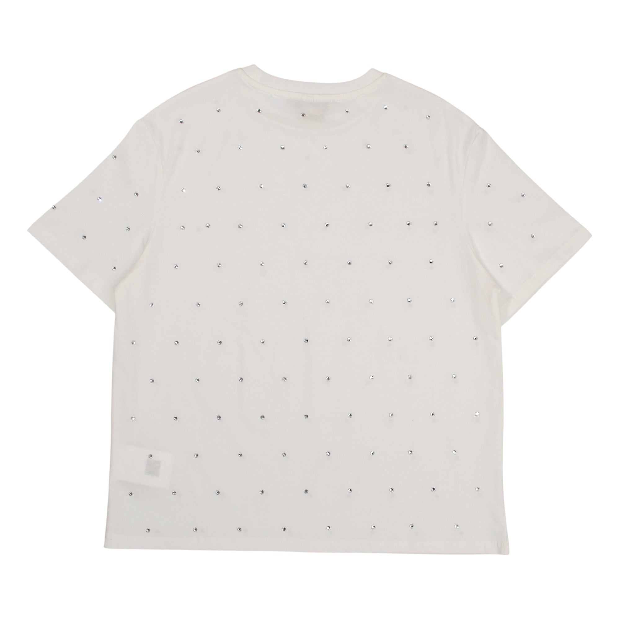 White short-sleeve crew neck t-shirt with the entire back covered in evenly spaced, small, silver-toned rhinestones.