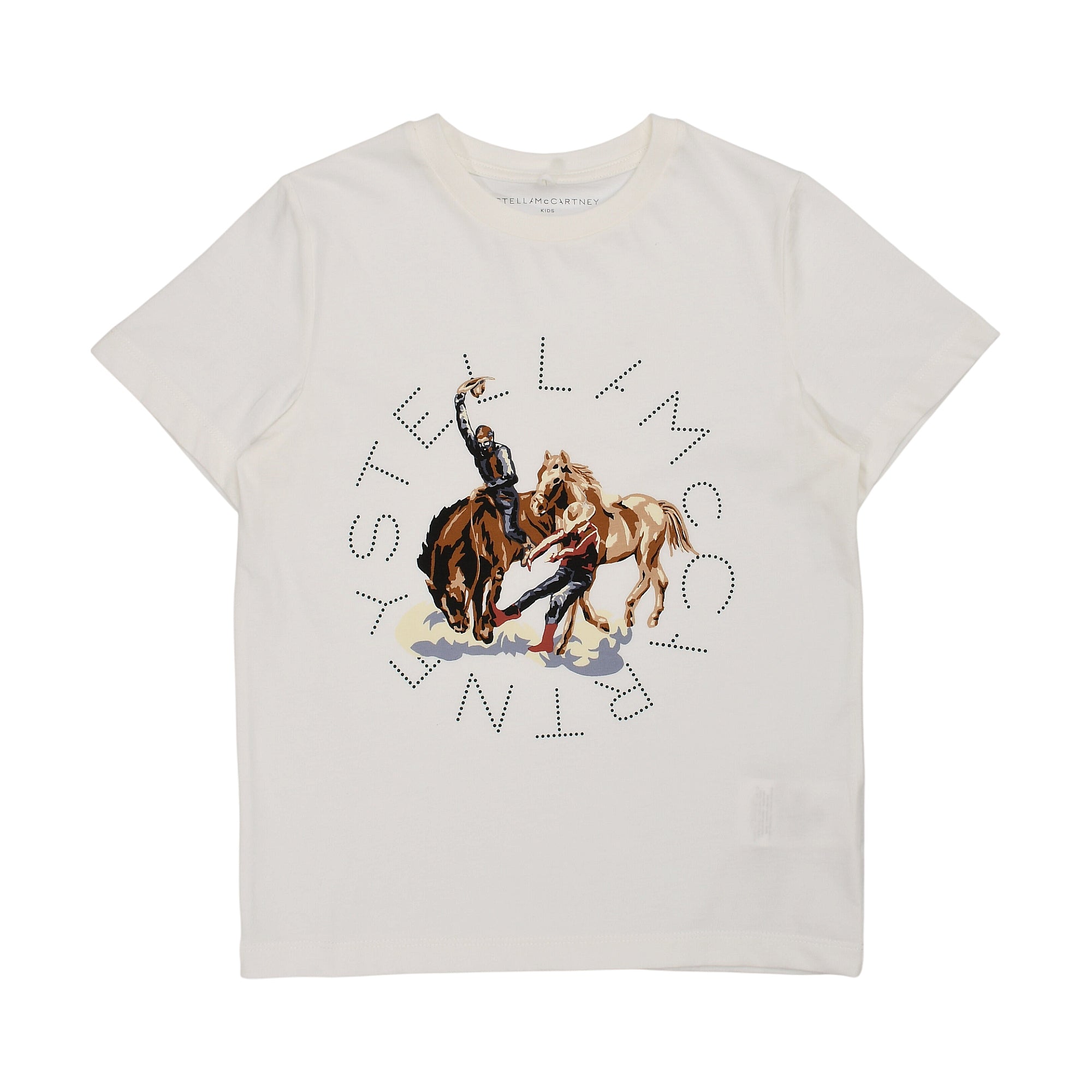 White short-sleeved T-shirt with a central graphic print of a rodeo scene and "STELLA MCCARTNEY" in a dotted circle.