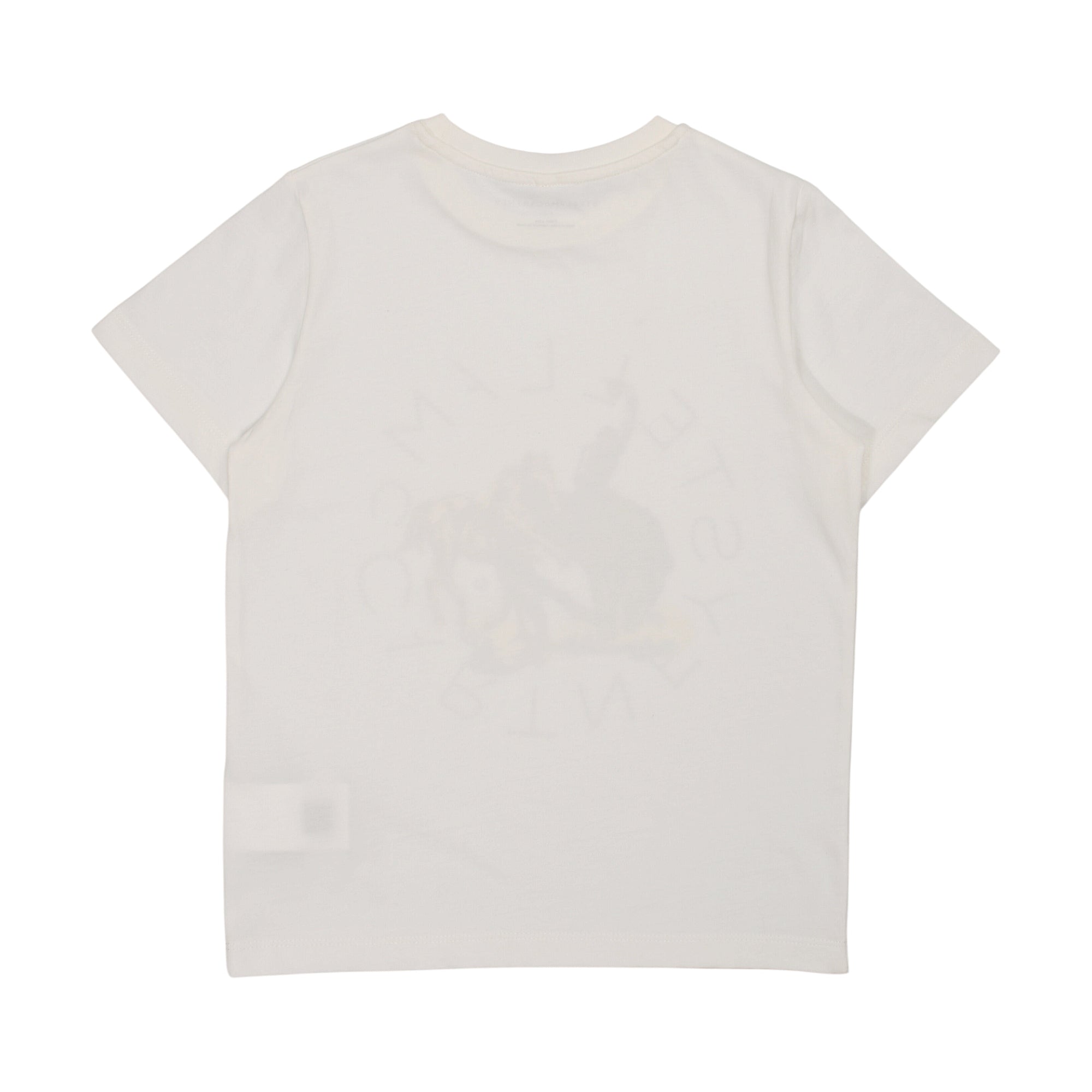 White short-sleeve crew neck t-shirt with a faint, faded dark graphic design and light text on the back.