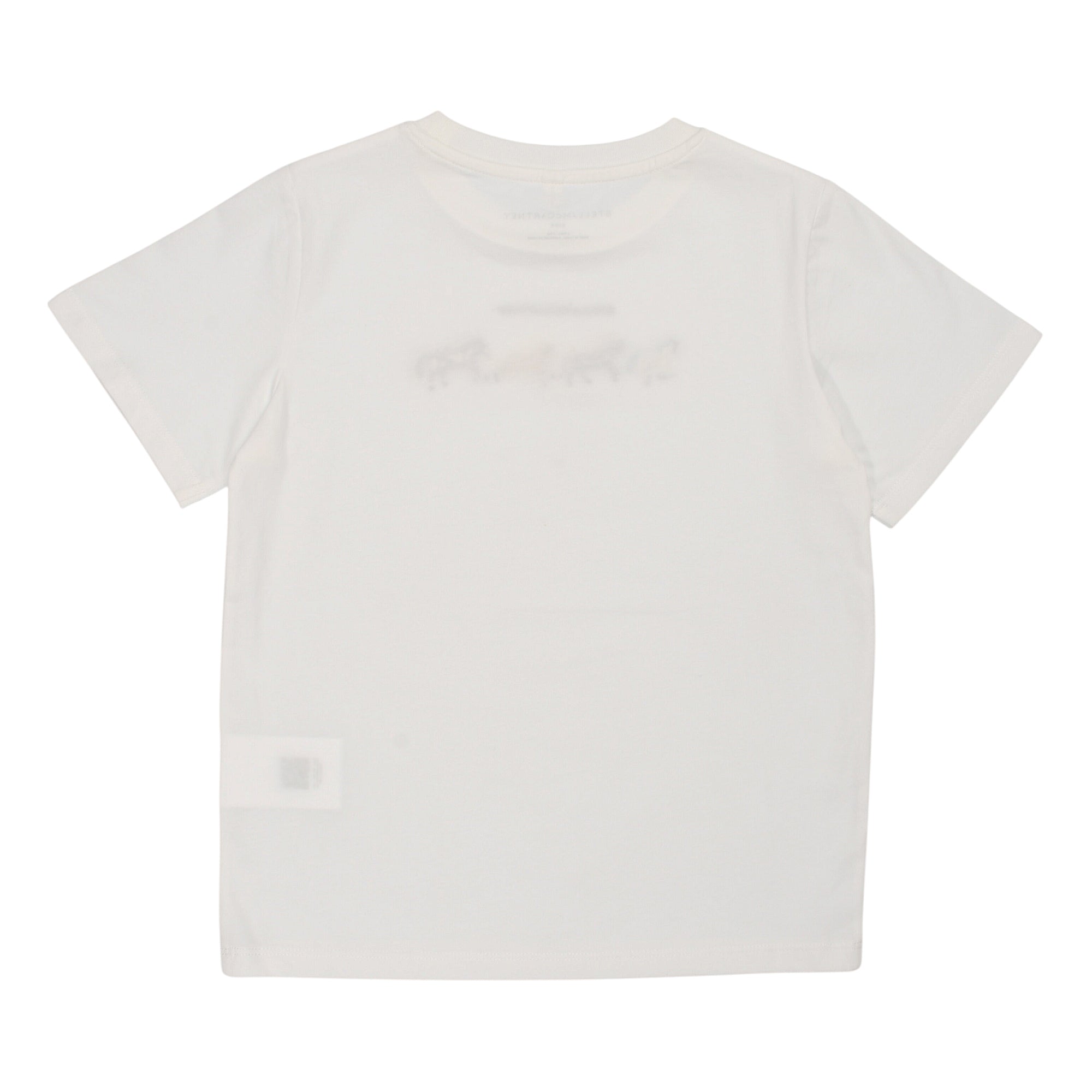 White short-sleeved t-shirt, back view. Features a crew neck and straight hem.