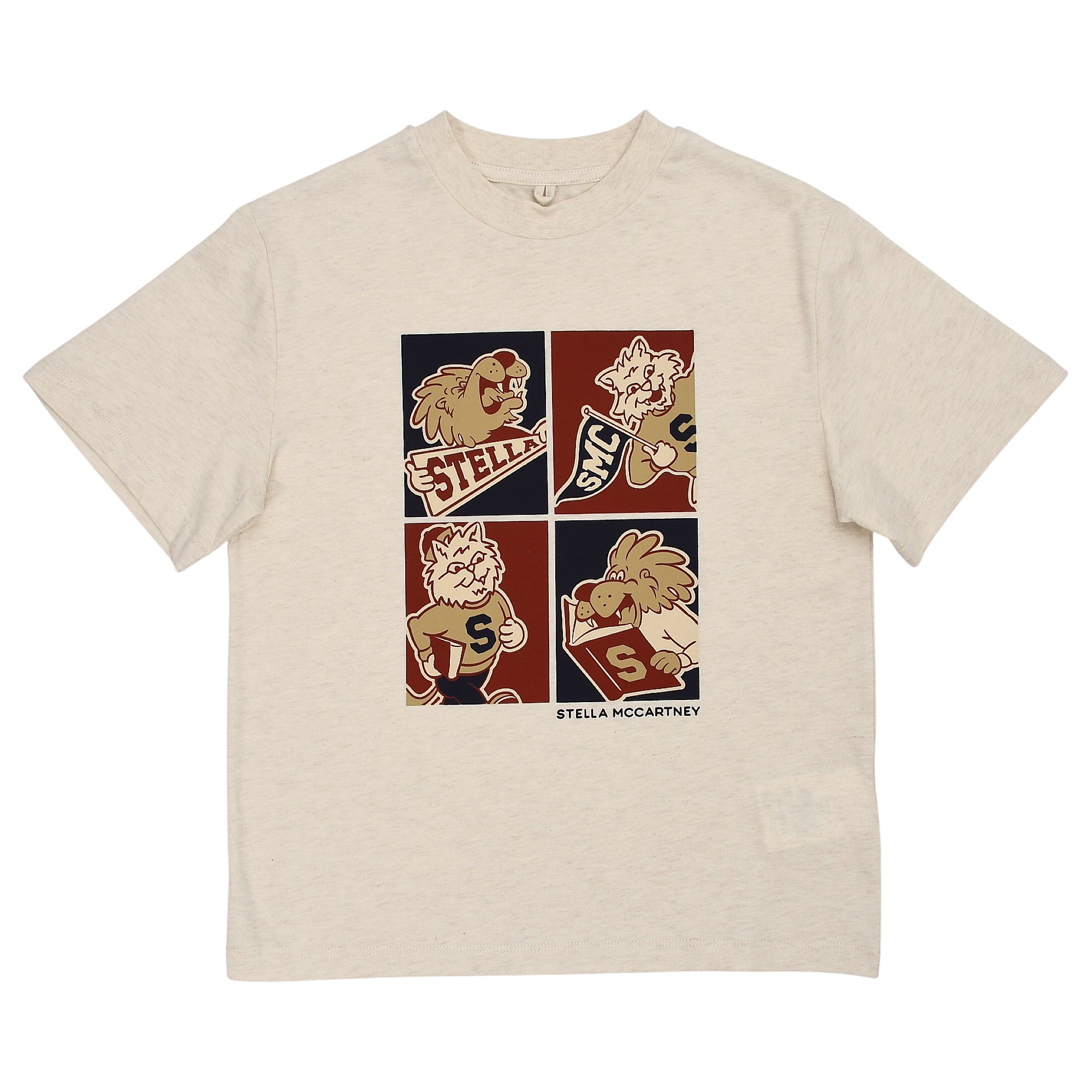 Beige heathered short-sleeved T-shirt with a central square graphic print featuring cartoon animal characters.