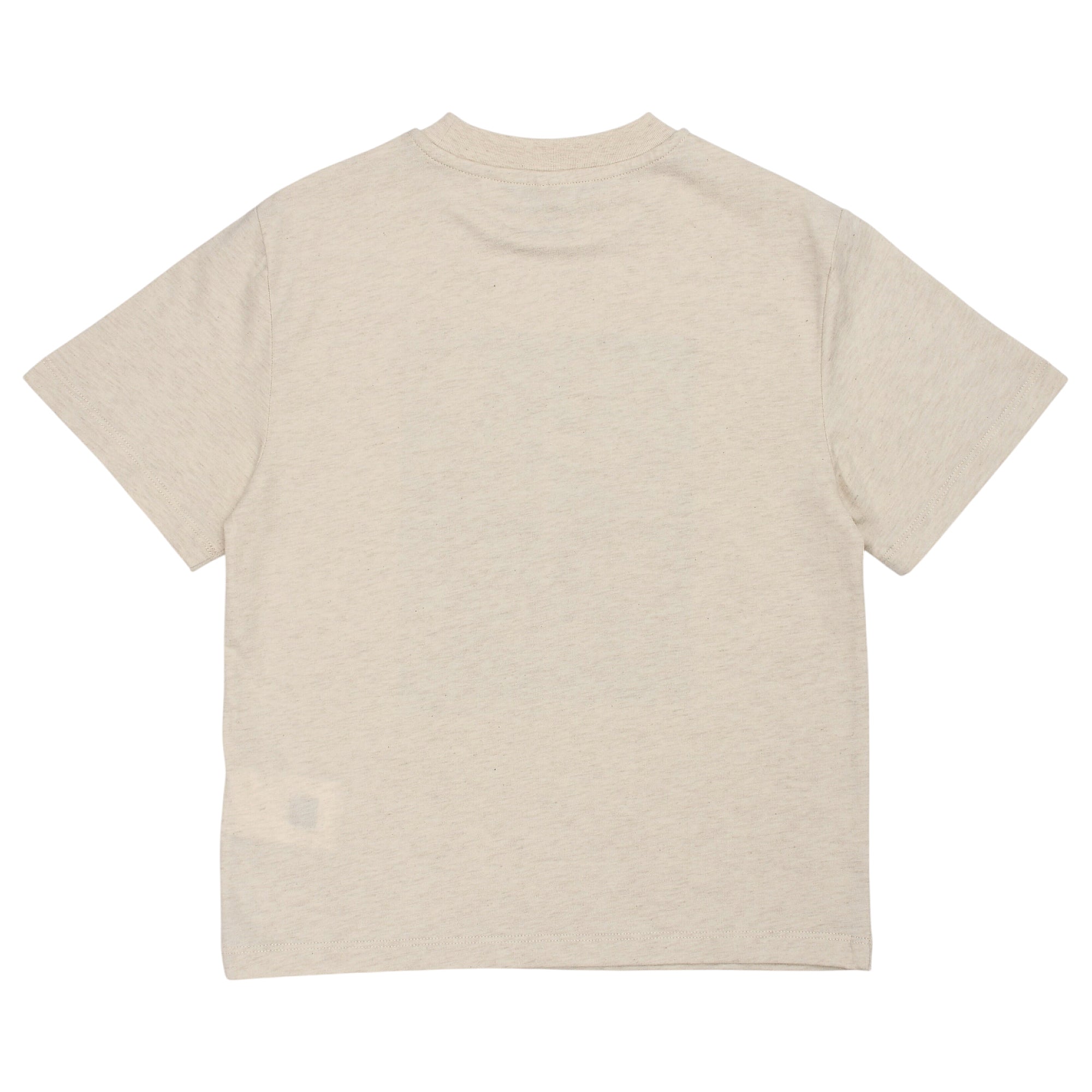 Beige heathered short-sleeved t-shirt with a ribbed crew neck and straight hem.