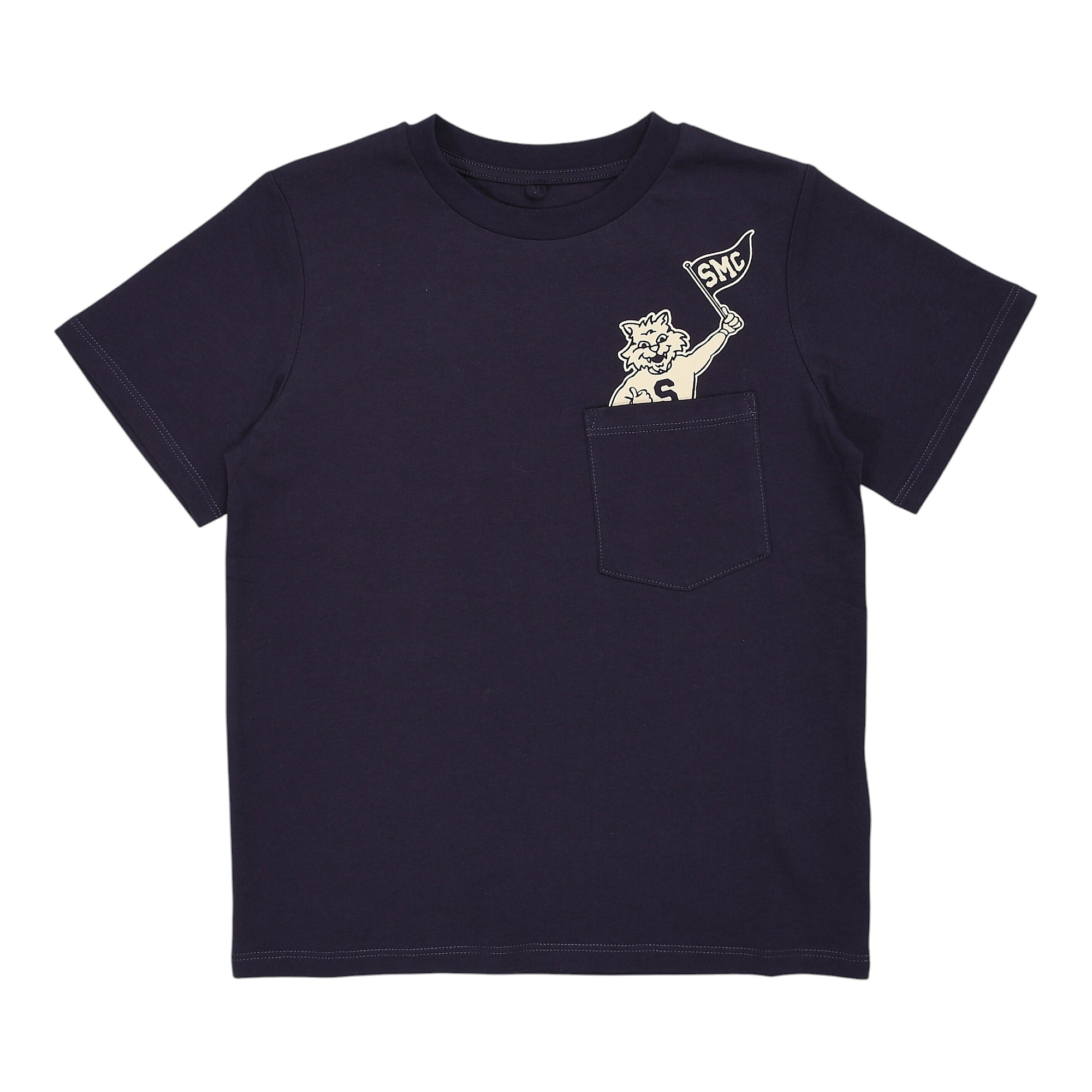 Dark blue short-sleeved T-shirt with a crew neck and a patch chest pocket, featuring a light-coloured graphic of a cat-like c